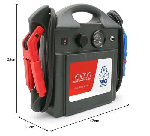 MAXTOOLS JS1000, Professioneller tragbarer Notstarter 1380A 12V 22Ah mit Einschaltstrom 4140A, Autobatterie-Starthilfe-Pack, Booster, Autostarter mit AGM-Bleibbatterie und Zange mit LED Licht