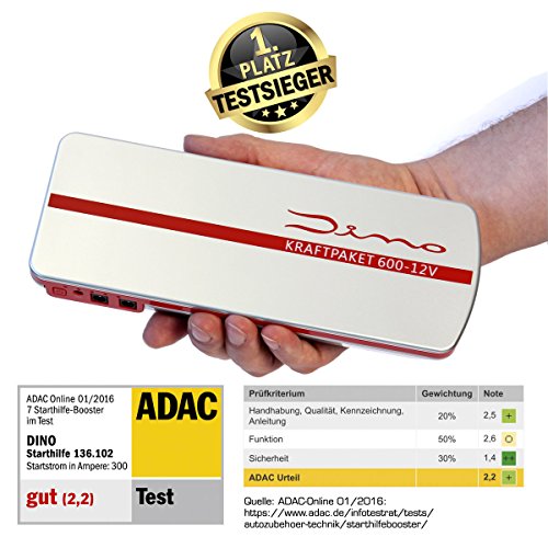 Dino KRAFTPAKET 12V-600A Starthilfegerät 66.6Wh 18000mAh | KFZ Starthilfe Powerbank für Diesel & Benziner | Autobatterie Motorradbatterie |Blei-Säure, GEL, EFB, AGM-Batterie | Für Auto Motorrad Boot