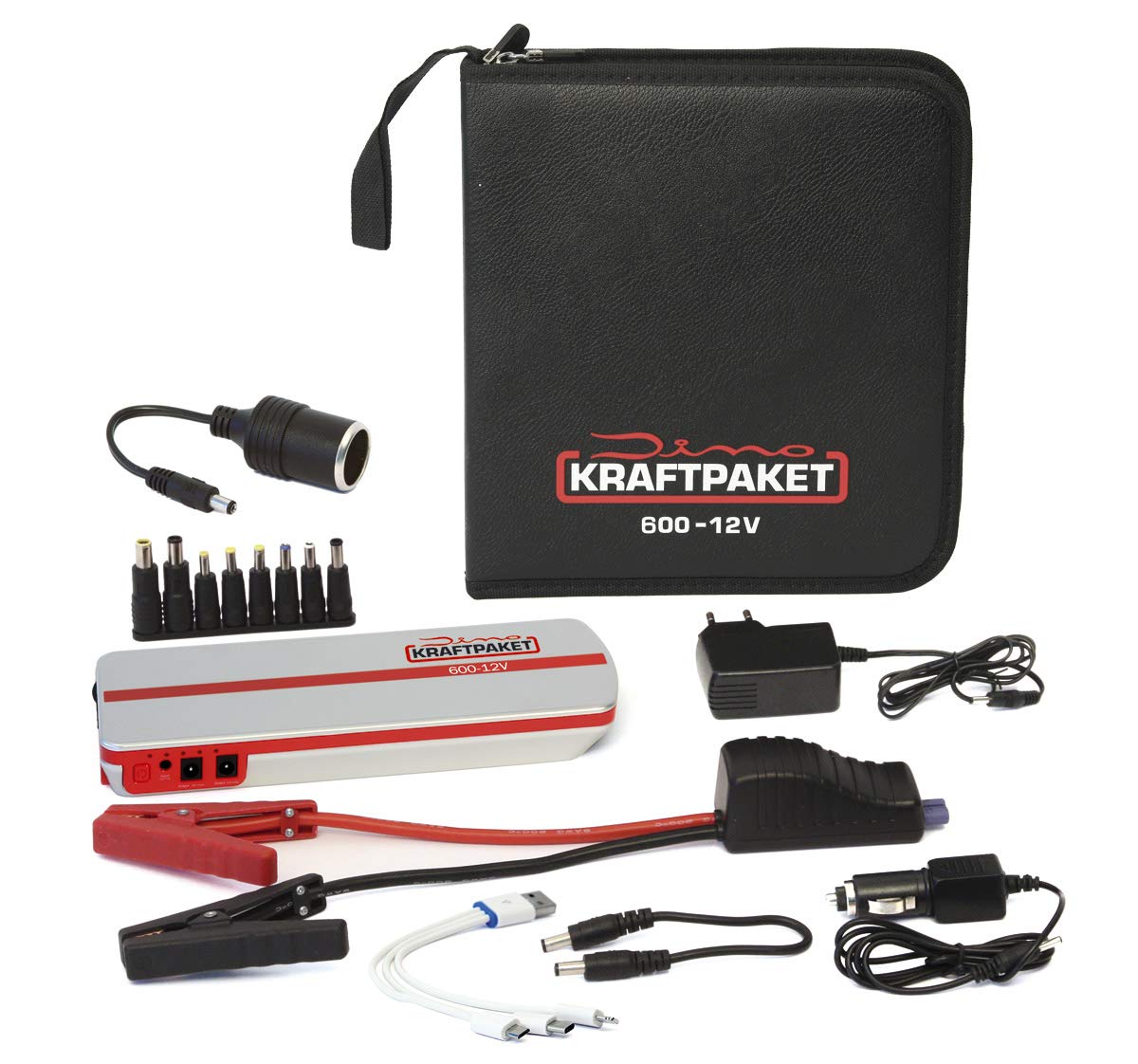 Dino KRAFTPAKET 12V-600A Starthilfegerät 66.6Wh 18000mAh | KFZ Starthilfe Powerbank für Diesel & Benziner | Autobatterie Motorradbatterie |Blei-Säure, GEL, EFB, AGM-Batterie | Für Auto Motorrad Boot