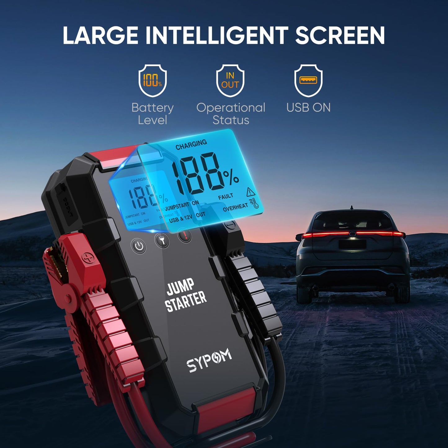 SYPOM Starthilfe für Autobatterie, 6000 A Notfall-Starthilfe (bis zu Allgas und 12,0 l Diesel), 12 V Starterbatterie mit LED-Taschenlampe, Booster Autostarthilfe