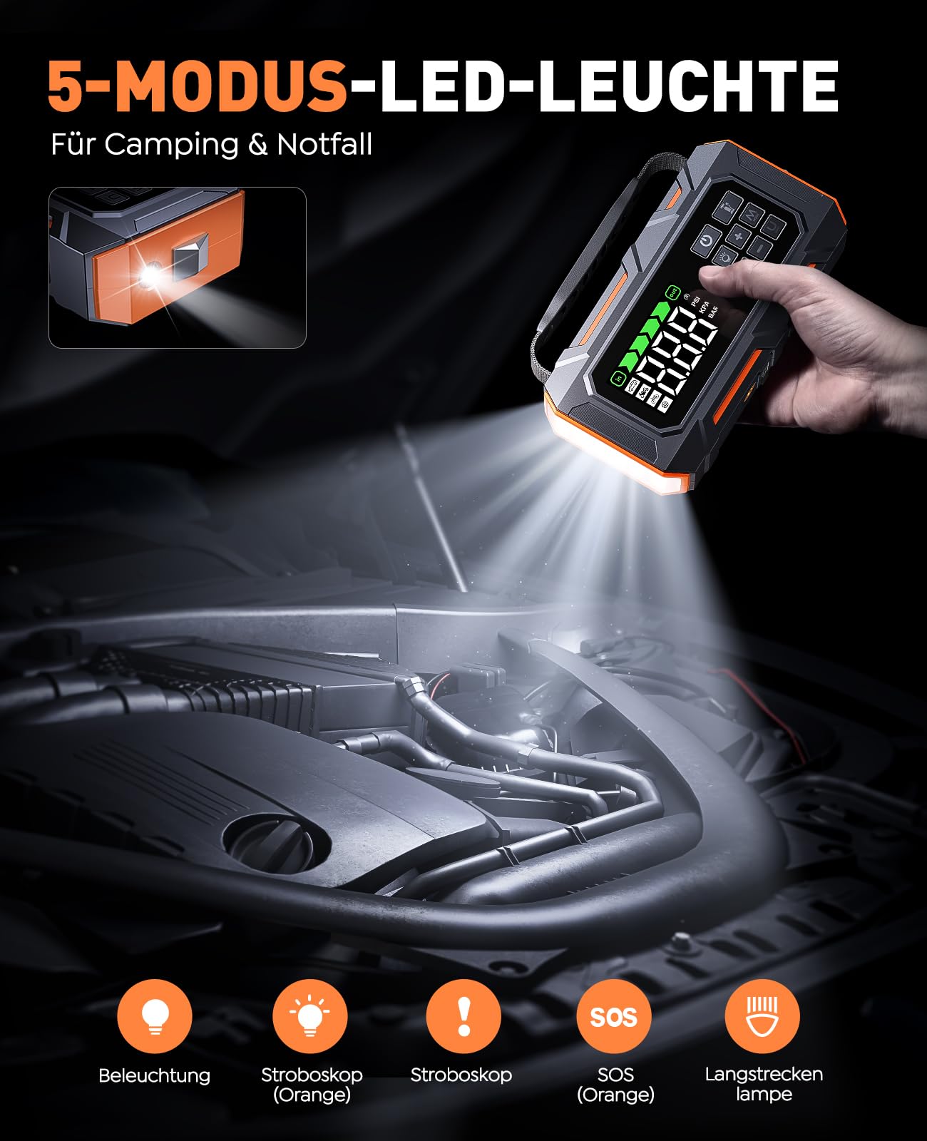 14-In-1 7000A Starthilfe Powerbank für Pkw mit Kompressor 160PSI, 26800mAh Auto Starthilfe mit Notfall Kit, Starter Powerbank für All Benzin/12L Diesel, 5 LED-Licht, Reifenreparaturset, Notfallhammer