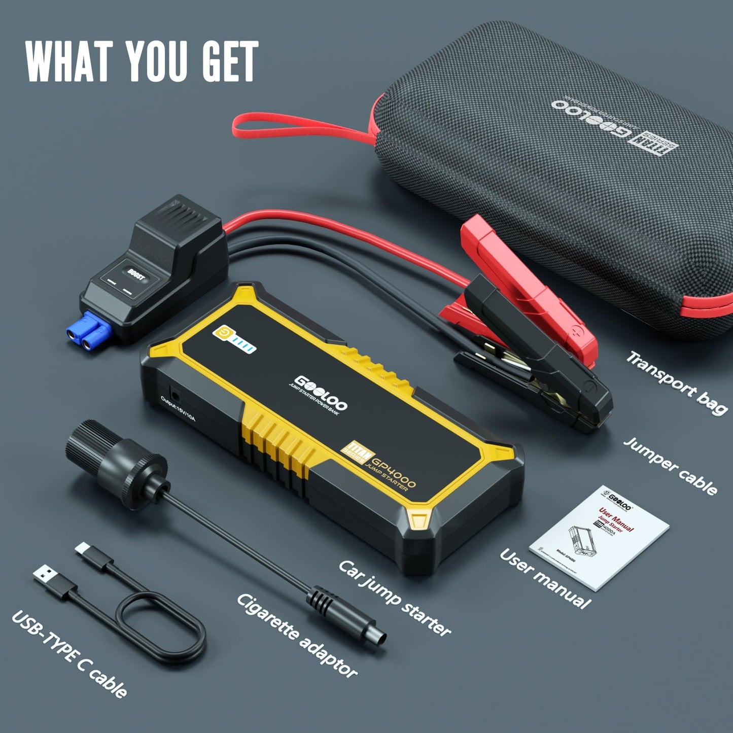 GOOLOO GP4000 Starthilfe Powerbank, 4000A Auto Starthilfe 12V (Alle Benzin und Bis Zu 10L-Diesel) Supersafe Powerbank Starthilfe mit LED, Tragbare Auto Batterie Booster mit Starthilfekabel