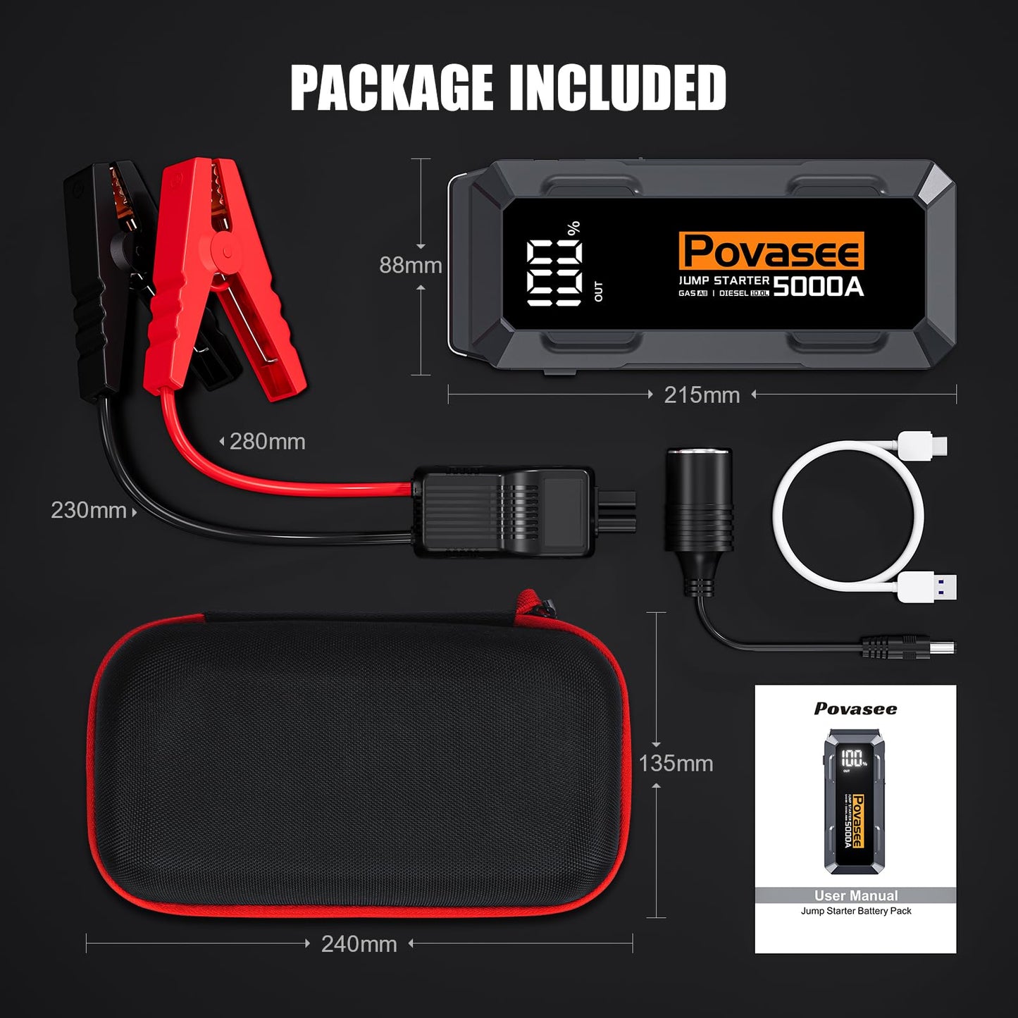 Povasee Starthilfe Powerbank, 5000A Starthilfe (bis zu Alle Benzin/10L Diesel) mit 3 Zoll LCD-Display, Starter Powerbank mit 2 USB-Ausgängen, Starthilfekabel und LED, Jump Starter für 12V Fahrzeuge