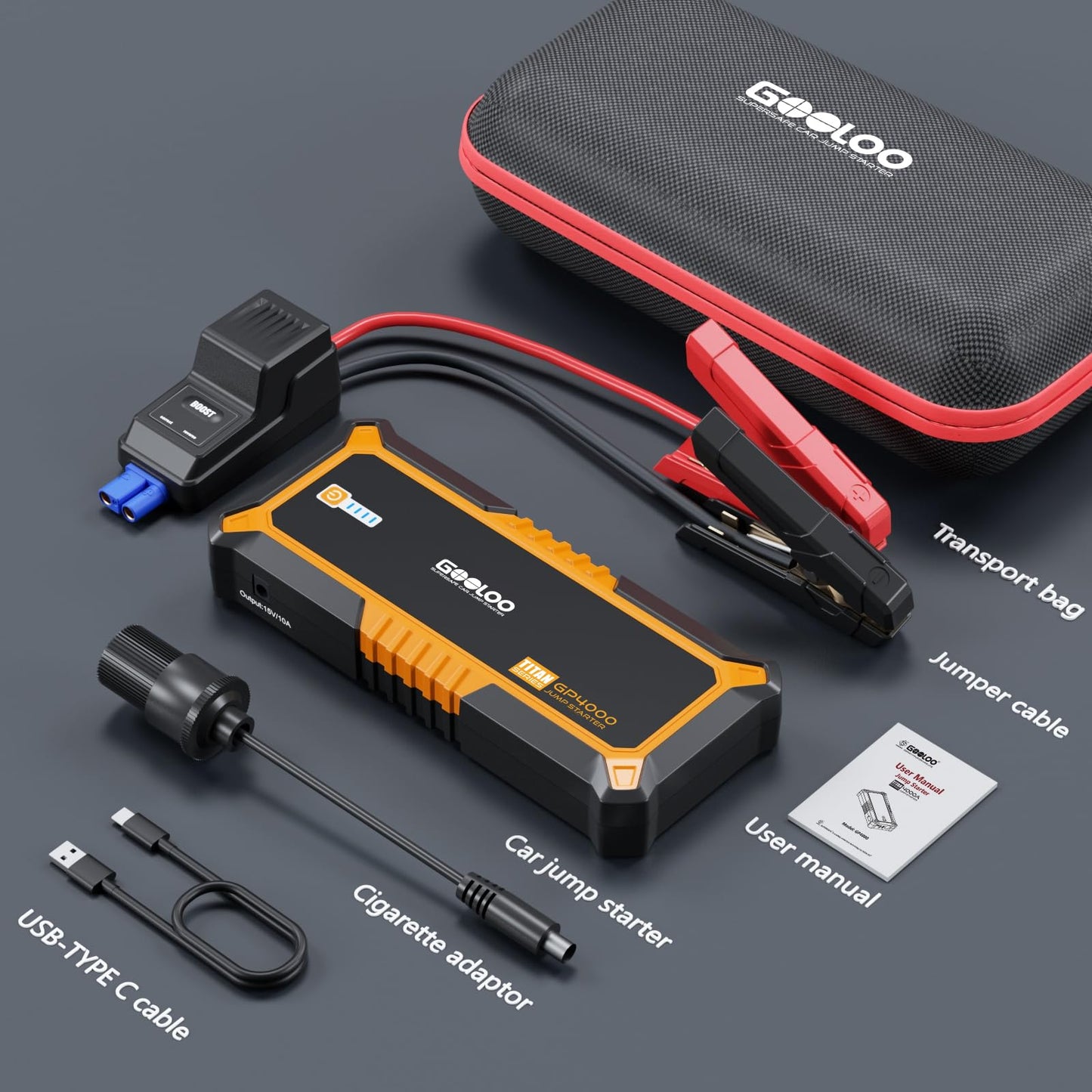 GOOLOO GP4000 Starthilfe Powerbank, 4000A Tragbares Starthilfe(Alle Benzin und Bis Zu 10L-Diesel) 12V SuperSafe Batterie Booster Auto Starthilfe mit USB-Schnellladung und Starthilfekabel für PKW