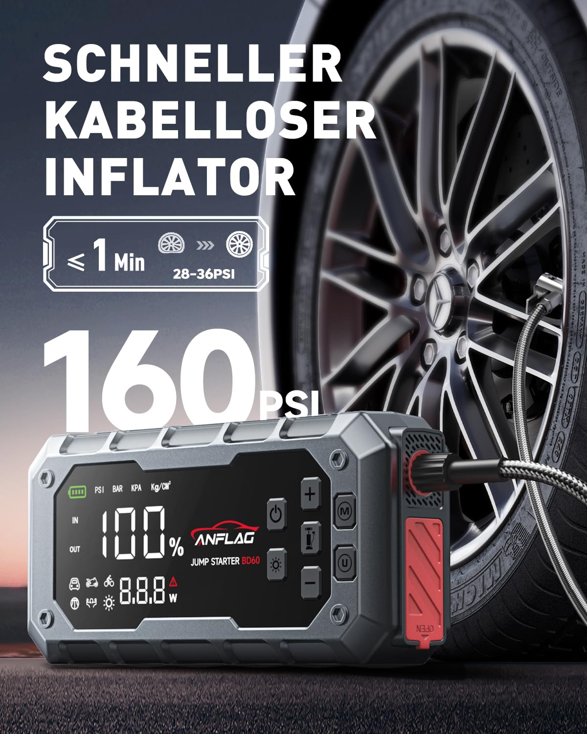 Starthilfe Powerbank für Pkw mit Kompressor 160PSI, ANFLAG 7000A 26800mAh Auto Starthilfe Powerbank für All Benzin und 14.0L Dieselmotor, Starter Powerbank mit PD65W Eingang/Ausgang und LED-Licht