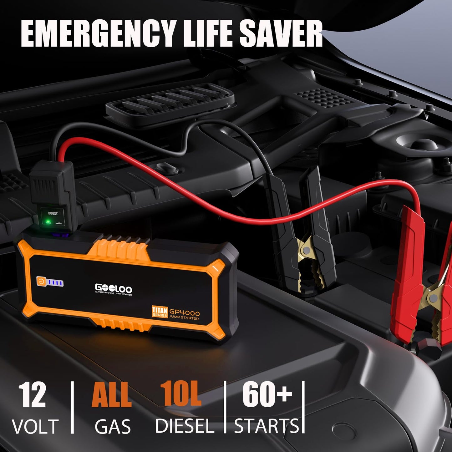 GOOLOO GP4000 Starthilfe Powerbank, 4000A Tragbares Starthilfe(Alle Benzin und Bis Zu 10L-Diesel) 12V SuperSafe Batterie Booster Auto Starthilfe mit USB-Schnellladung und Starthilfekabel für PKW