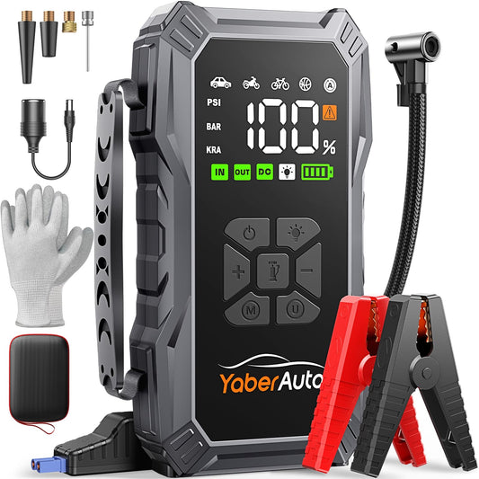 YaberAuto Starthilfe Powerbank mit Kompressor, 150PSI 6000A Auto Starthilfe, Starthilfe Powerbank, Jump Starter (All Benzin und 10.0L Dieselmotor) mit LCD Bildschirm und 500 Lumen Notlicht