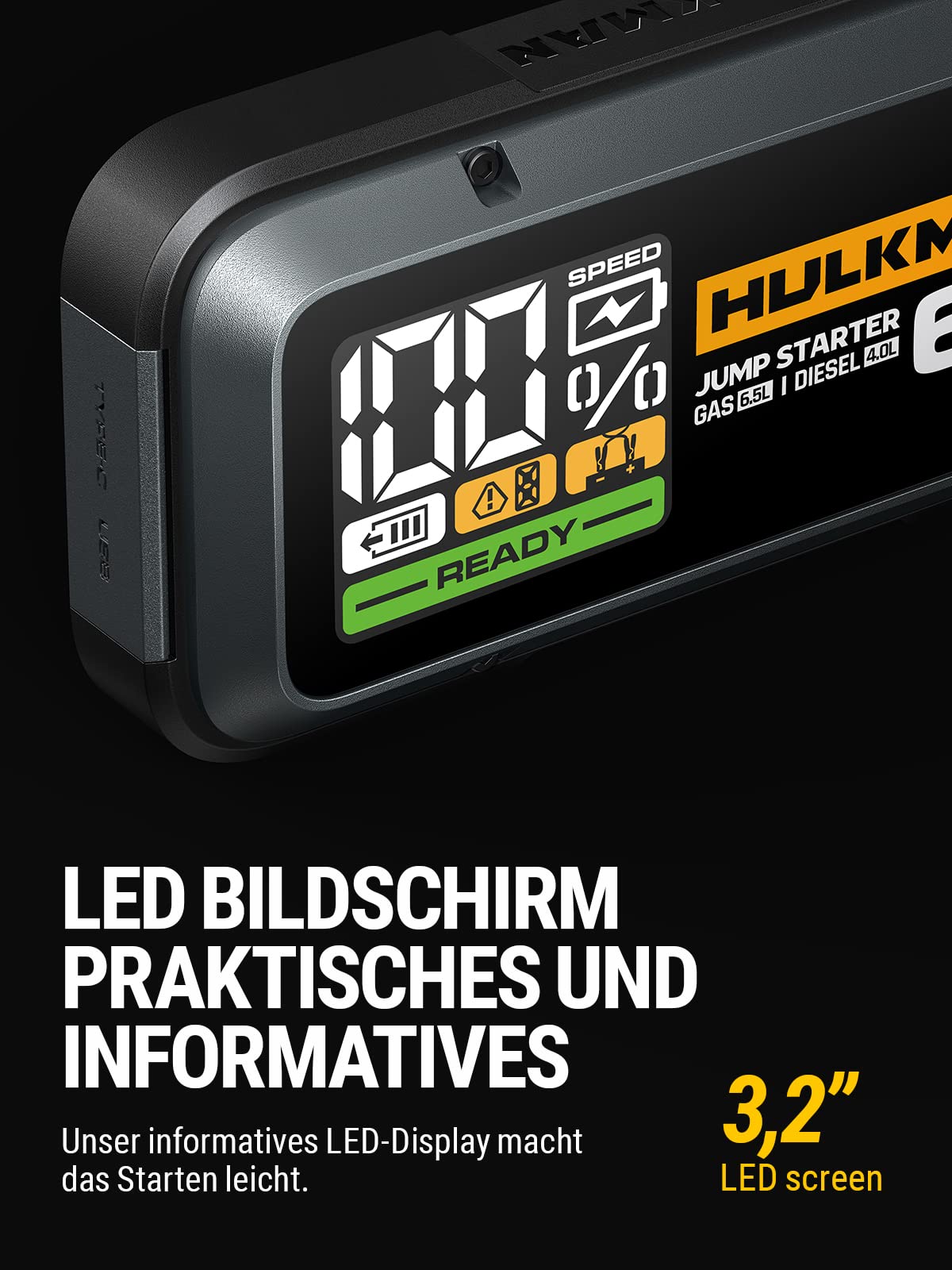 HULKMAN Alpha 65 Starthilfe Powerbank 1200A 12000mAh Auto Starter fĂŒr bis zu 6,5L Benzin und 4,0L Diesel Motoren mit Boost-Funktion fĂŒr vollstĂ€ndig Leere Batterie 12V Lithium Tragbare StarthilfegerĂ€t