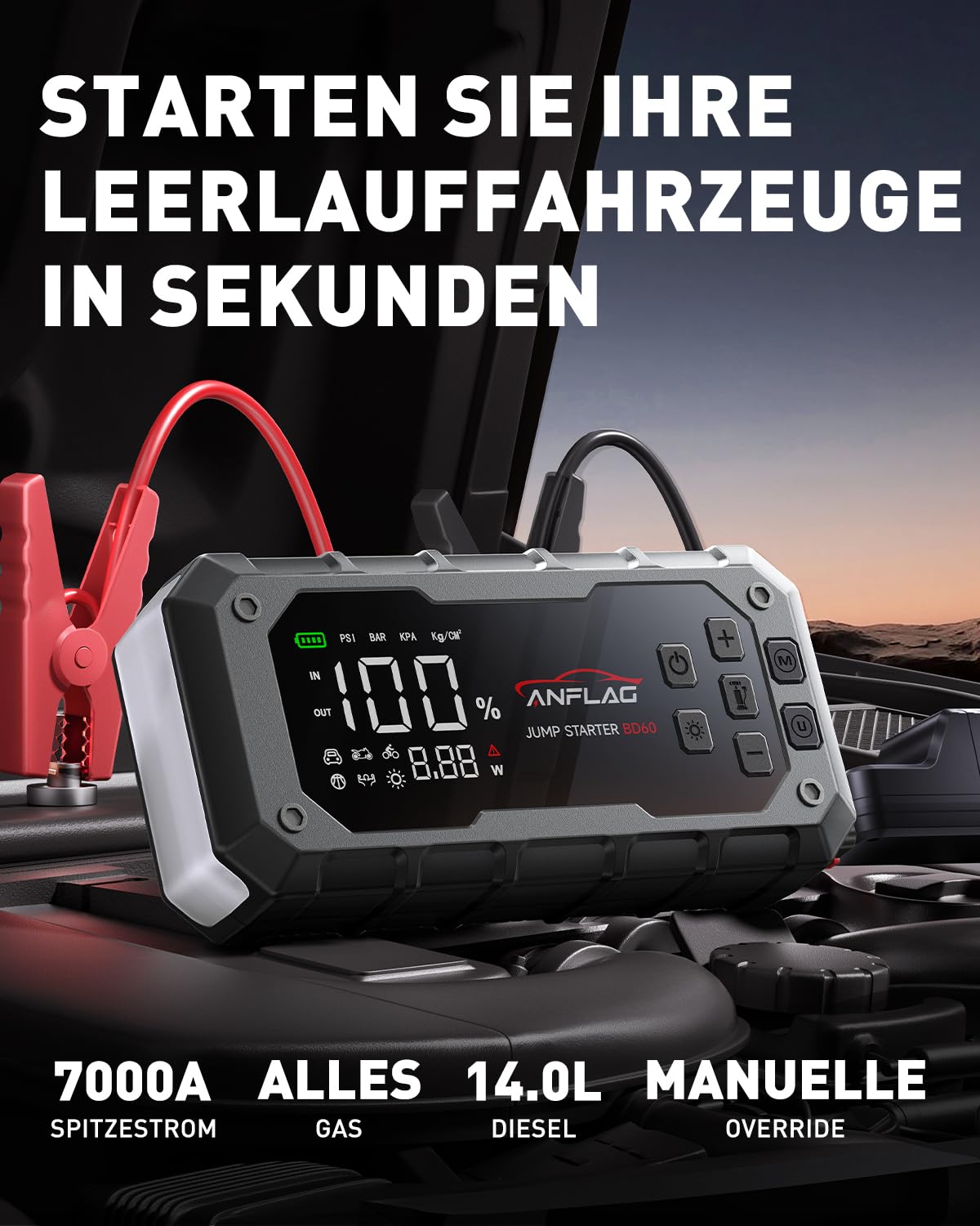 Starthilfe Powerbank für Pkw mit Kompressor 160PSI, ANFLAG 7000A 26800mAh Auto Starthilfe Powerbank für All Benzin und 14.0L Dieselmotor, Starter Powerbank mit PD65W Eingang/Ausgang und LED-Licht