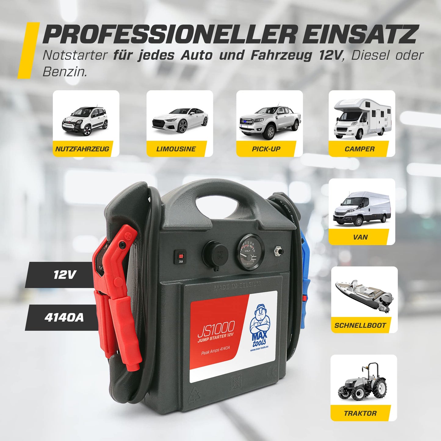 MAXTOOLS JS1000, Professioneller tragbarer Notstarter 1380A 12V 22Ah mit Einschaltstrom 4140A, Autobatterie-Starthilfe-Pack, Booster, Autostarter mit AGM-Bleibbatterie und Zange mit LED Licht
