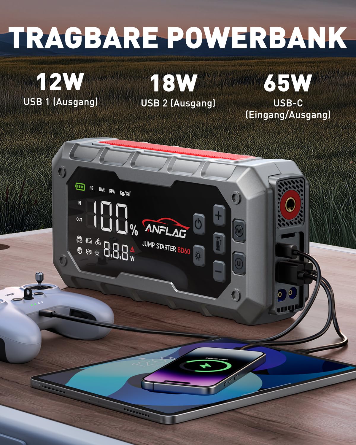 Starthilfe Powerbank für Pkw mit Kompressor 160PSI, ANFLAG 7000A 26800mAh Auto Starthilfe Powerbank für All Benzin und 14.0L Dieselmotor, Starter Powerbank mit PD65W Eingang/Ausgang und LED-Licht
