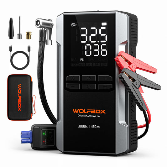 WOLFBOX 3000A Starthilfe Powerbank für PKW mit Luftkompressor 160 PSI, 65 W Schnellladung, 16000 mAh Kapazität, für 8 L Benzin- / 6 L Dieselmotoren, mit LED-Bildschirm und 400 Lumen Notlicht