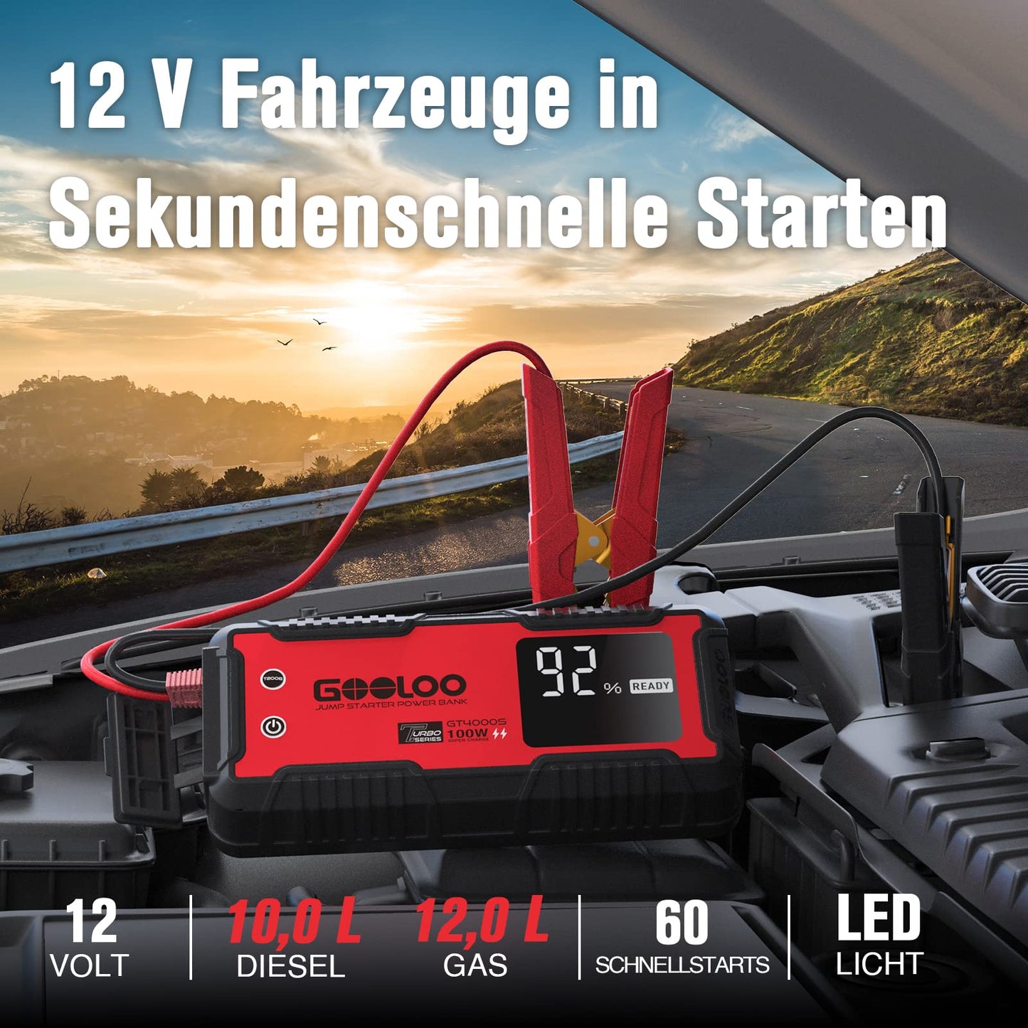 GOOLOO GT4000S Starthilfe Powerbank, 4000A 100W Zweiwege-Schnellladegerät für 12V Fahrzeuge(12.0L Benzin und 10.0L Diesel), SuperSafe tragbares Booster Auto Starthilfe mit 3,2" LCD Bildschirm
