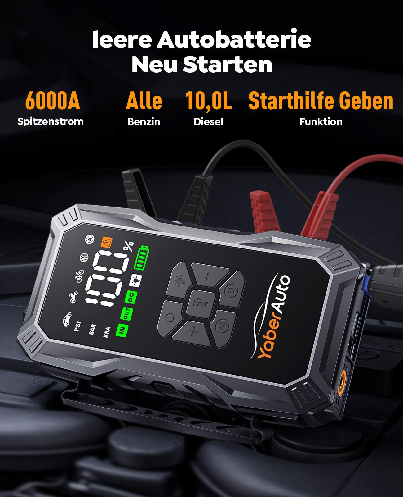 YaberAuto Starthilfe Powerbank mit Kompressor, 150PSI 6000A Auto Starthilfe, Starthilfe Powerbank, Jump Starter (All Benzin und 10.0L Dieselmotor) mit LCD Bildschirm und 500 Lumen Notlicht