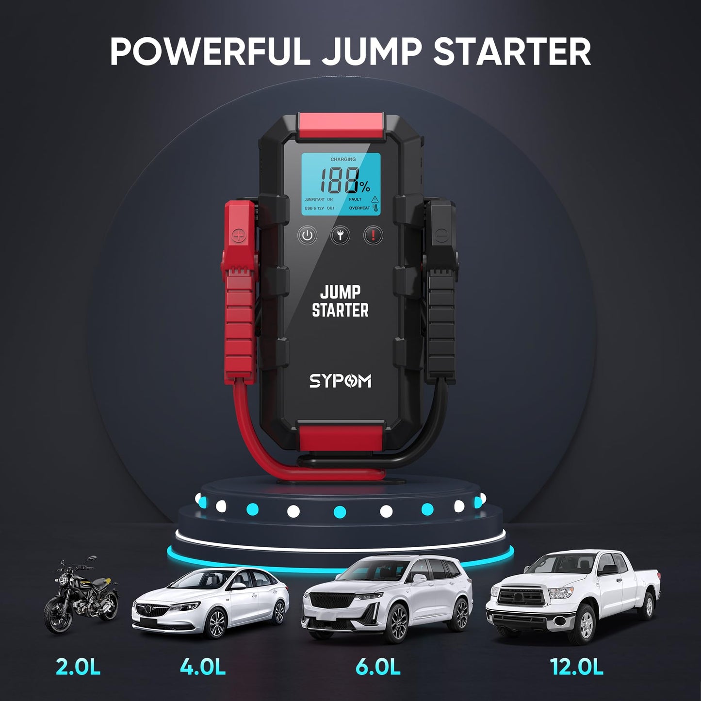 SYPOM Starthilfe für Autobatterie, 6000 A Notfall-Starthilfe (bis zu Allgas und 12,0 l Diesel), 12 V Starterbatterie mit LED-Taschenlampe, Booster Autostarthilfe