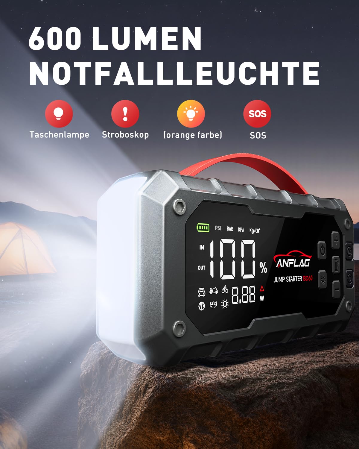 Starthilfe Powerbank für Pkw mit Kompressor 160PSI, ANFLAG 7000A 26800mAh Auto Starthilfe Powerbank für All Benzin und 14.0L Dieselmotor, Starter Powerbank mit PD65W Eingang/Ausgang und LED-Licht