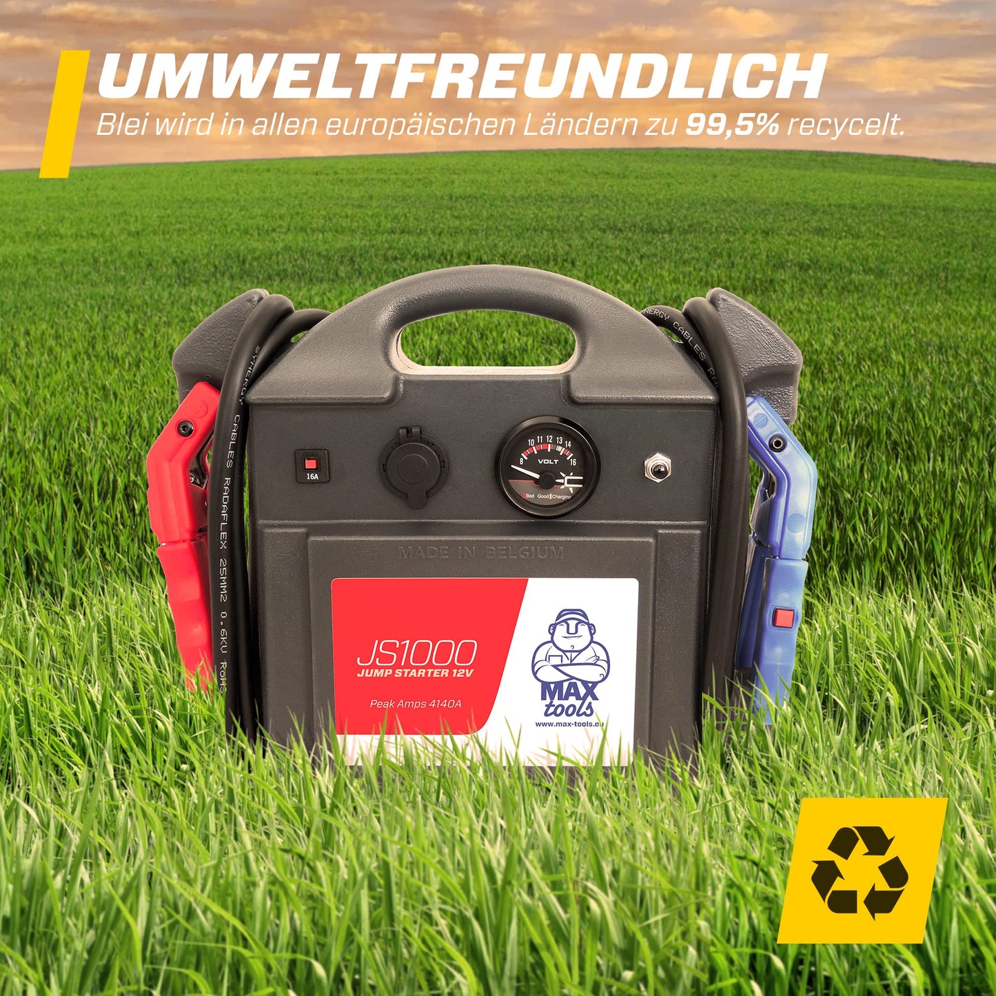 MAXTOOLS JS1000, Professioneller tragbarer Notstarter 1380A 12V 22Ah mit Einschaltstrom 4140A, Autobatterie-Starthilfe-Pack, Booster, Autostarter mit AGM-Bleibbatterie und Zange mit LED Licht