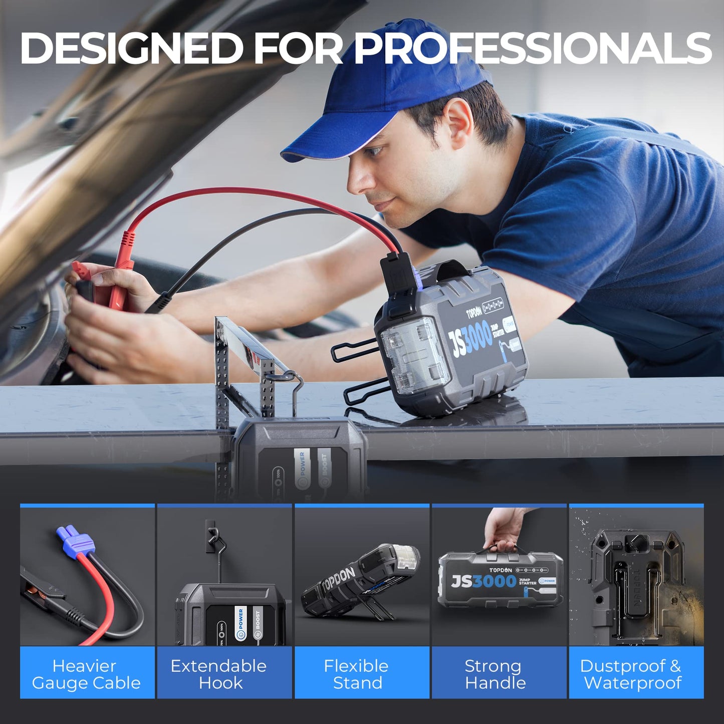 TOPDON JS3000 Starthilfe Powerbank, Jump Starter Auto Batterie Booster für bis zu 9L Benzin&7L Dieselmotoren, Auto Starter Powerpack PKW/Kfz mit Starthilfekabel/Eva Tasche/Eingebaute LED, 24000mAh