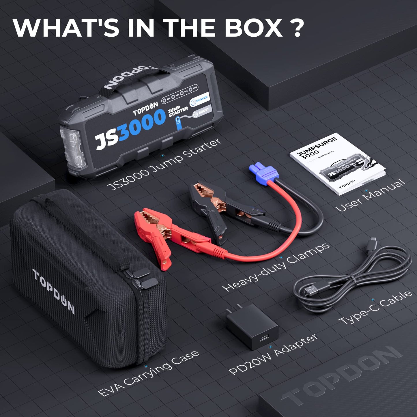 TOPDON JS3000 Starthilfe Powerbank, Jump Starter Auto Batterie Booster für bis zu 9L Benzin&7L Dieselmotoren, Auto Starter Powerpack PKW/Kfz mit Starthilfekabel/Eva Tasche/Eingebaute LED, 24000mAh