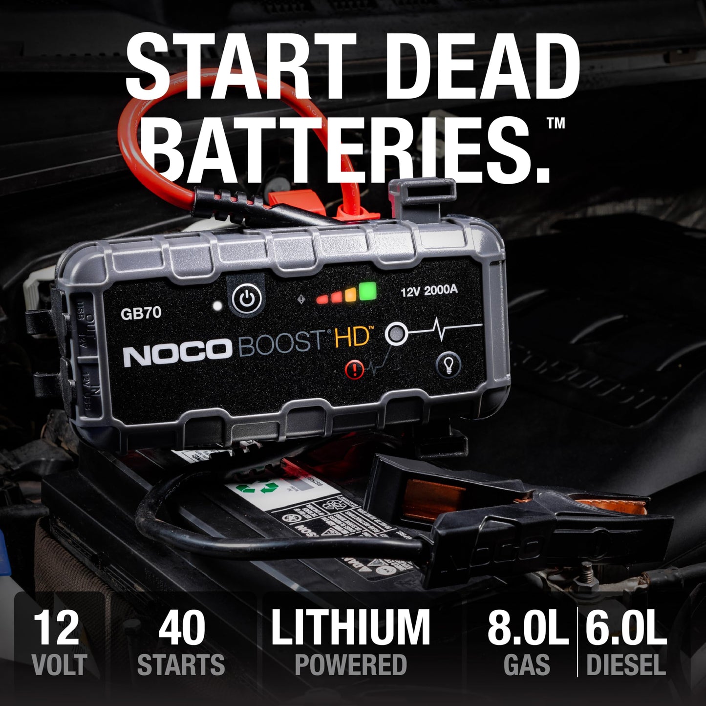 NOCO Boost GB70: 2000A UltraSafe Starthilfe Powerbank – 12V Lithium-Starthilfegerät & Starterkabel – Tragbarer Booster für Benziner bis 8,0L & Diesel bis 6,0L