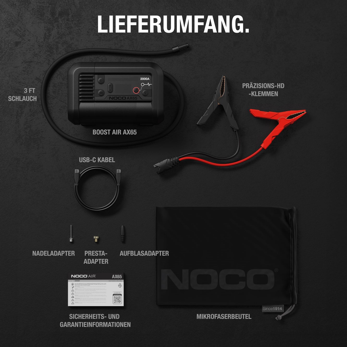 NOCO Boost+Air AX65: 2000A Starthilfe-Powerbank mit 100 PSI Kompressor – Startet 8,0L Benzin & 6,0L Diesel – 67 SLPM Luftstrom – Pumpt 0–40 PSI in 2 Minuten