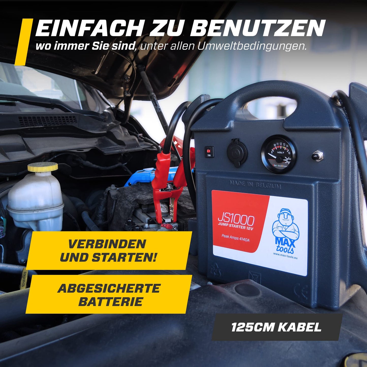 MAXTOOLS JS1000, Professioneller tragbarer Notstarter 1380A 12V 22Ah mit Einschaltstrom 4140A, Autobatterie-Starthilfe-Pack, Booster, Autostarter mit AGM-Bleibbatterie und Zange mit LED Licht