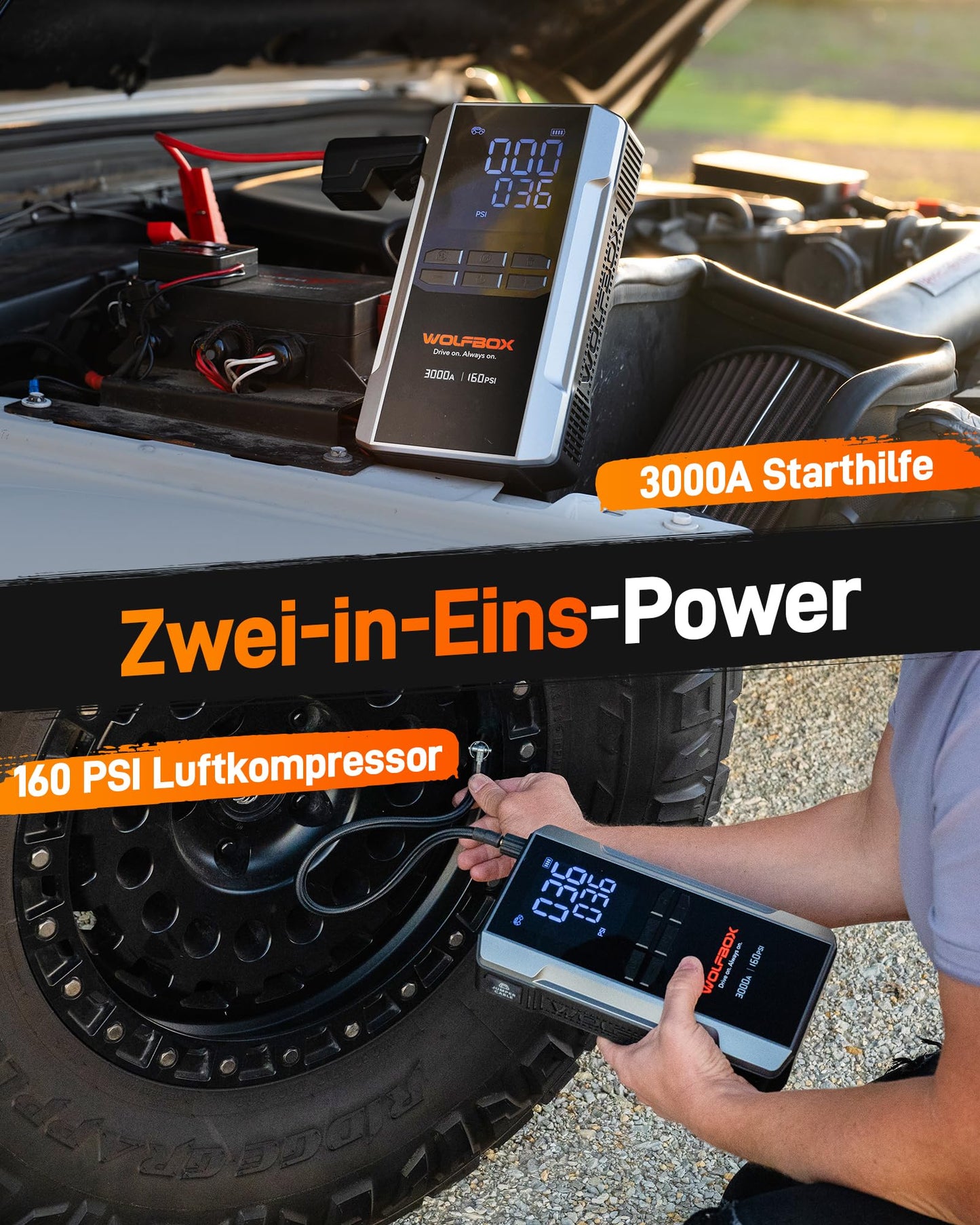 WOLFBOX 3000A Starthilfe Powerbank für PKW mit Luftkompressor 160 PSI, 65 W Schnellladung, 16000 mAh Kapazität, für 8 L Benzin- / 6 L Dieselmotoren, mit LED-Bildschirm und 400 Lumen Notlicht