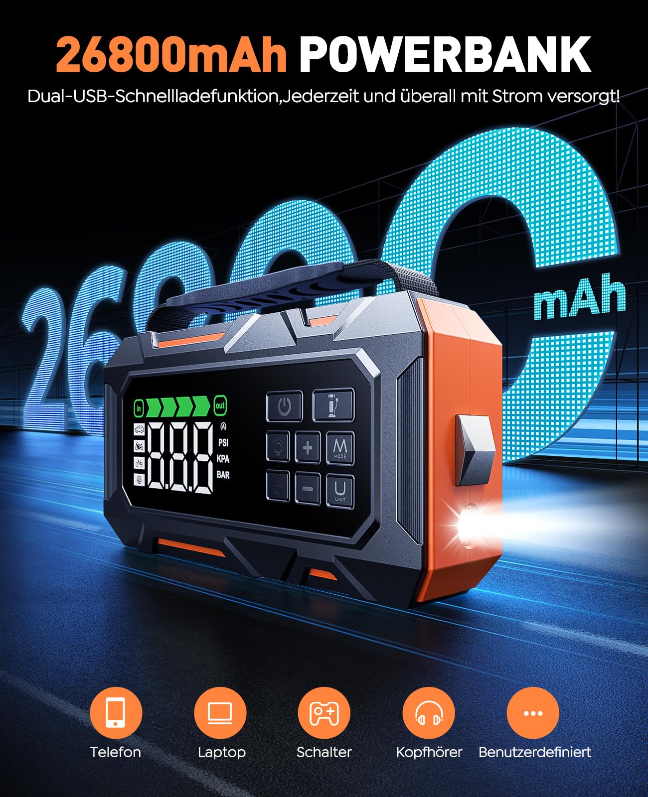 14-In-1 7000A Starthilfe Powerbank für Pkw mit Kompressor 160PSI, 26800mAh Auto Starthilfe mit Notfall Kit, Starter Powerbank für All Benzin/12L Diesel, 5 LED-Licht, Reifenreparaturset, Notfallhammer