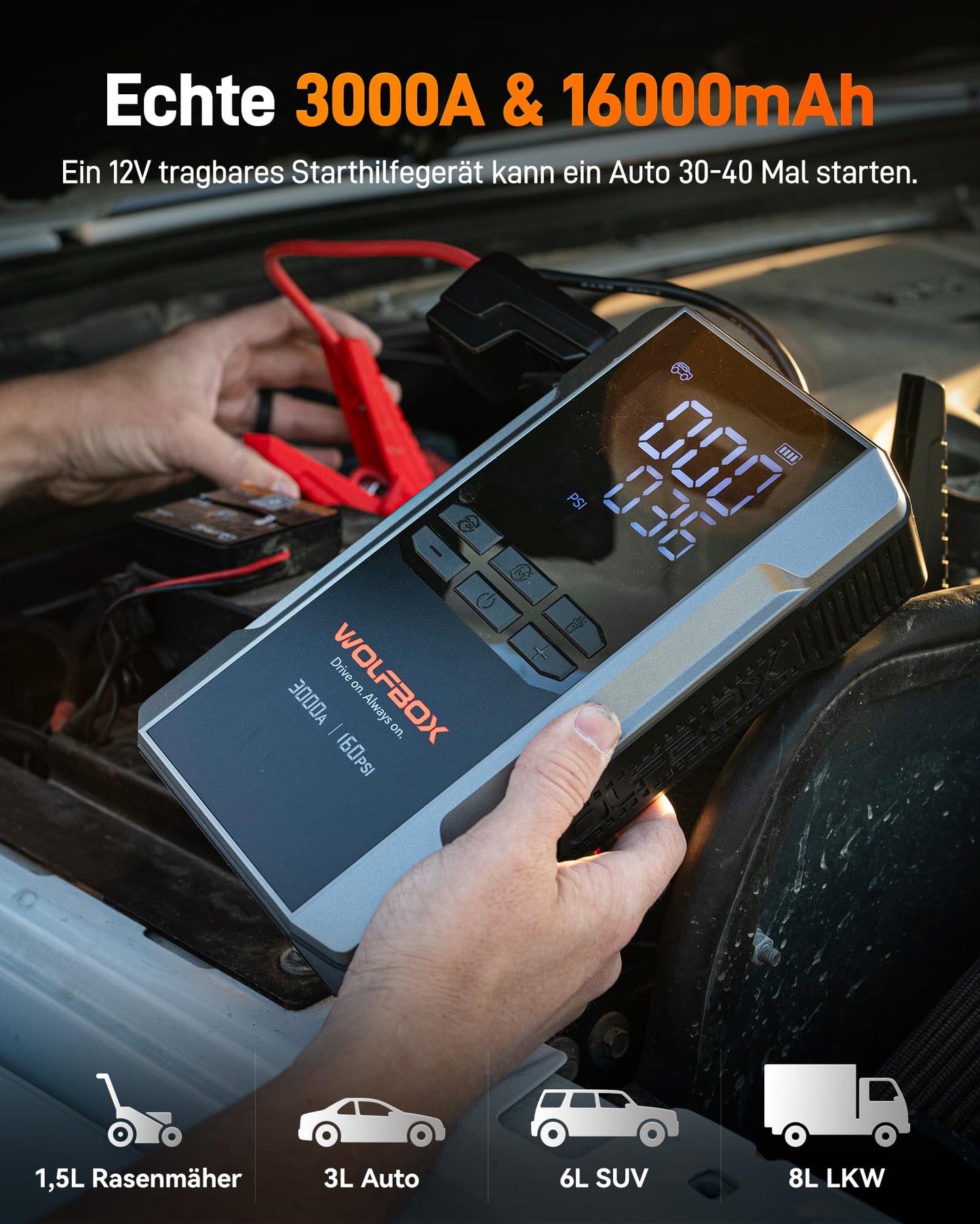WOLFBOX 3000A Starthilfe Powerbank für PKW mit Luftkompressor 160 PSI, 65 W Schnellladung, 16000 mAh Kapazität, für 8 L Benzin- / 6 L Dieselmotoren, mit LED-Bildschirm und 400 Lumen Notlicht