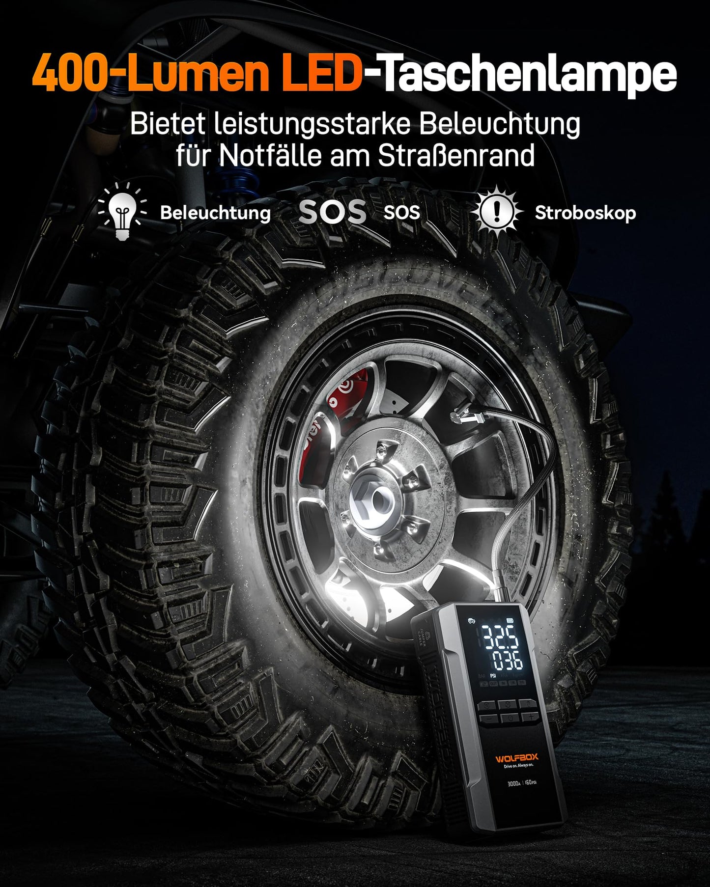 WOLFBOX 3000A Starthilfe Powerbank für PKW mit Luftkompressor 160 PSI, 65 W Schnellladung, 16000 mAh Kapazität, für 8 L Benzin- / 6 L Dieselmotoren, mit LED-Bildschirm und 400 Lumen Notlicht