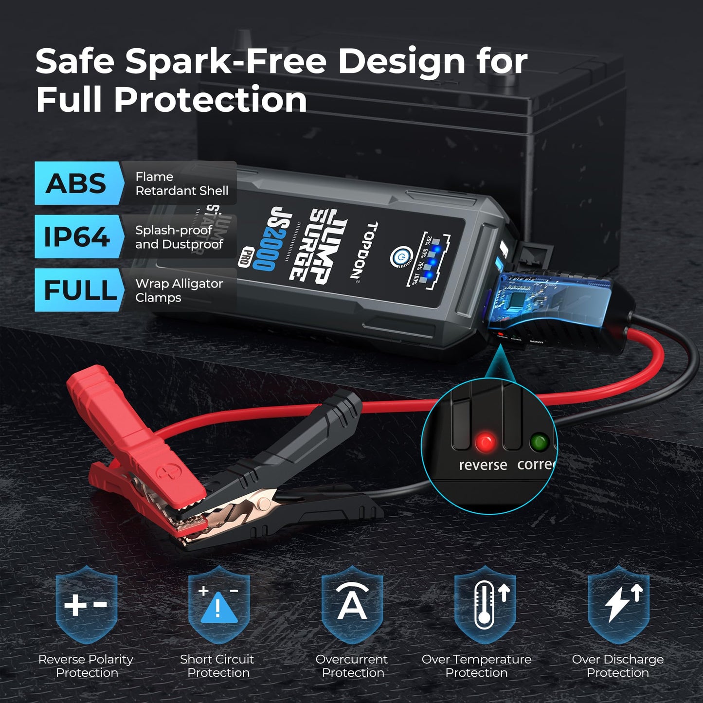 TOPDON JS2000 Auto Starthilfe Powerbank, 2000A 16000mAh Jump Starter für bis zu 8,0-Liter-Benzin- oder 6-Liter-Dieselmotoren, 12V-Starthilfe mit LED-Taschenlampe/USB-Anschluss