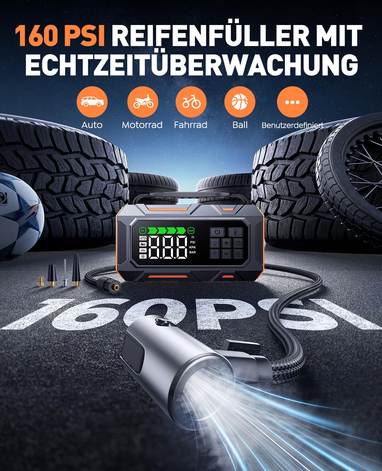 14-In-1 7000A Starthilfe Powerbank für Pkw mit Kompressor 160PSI, 26800mAh Auto Starthilfe mit Notfall Kit, Starter Powerbank für All Benzin/12L Diesel, 5 LED-Licht, Reifenreparaturset, Notfallhammer
