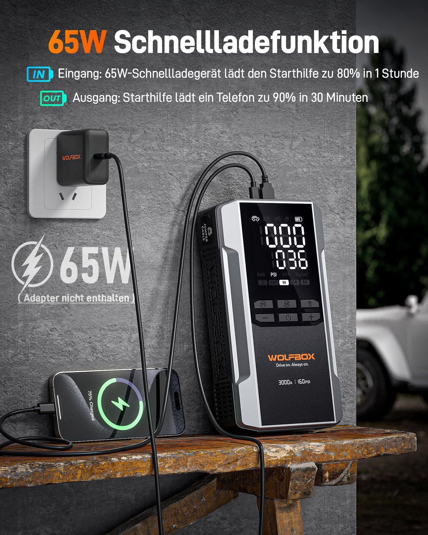 WOLFBOX 3000A Starthilfe Powerbank für PKW mit Luftkompressor 160 PSI, 65 W Schnellladung, 16000 mAh Kapazität, für 8 L Benzin- / 6 L Dieselmotoren, mit LED-Bildschirm und 400 Lumen Notlicht