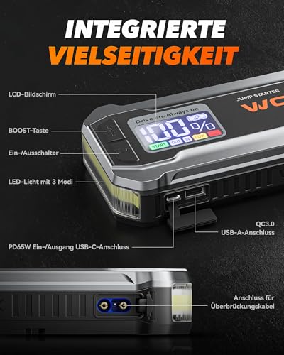 WOLFBOX Starthilfe Powerbank 4000A, 12V Auto Starthilfe (Bis zu 10L Benzin oder 10L Diesel) mit LED-Taschenlampe, großen Bildschirm,Starthilfekabel, Autobatterie Booster für SUV, LKW, Motorräder