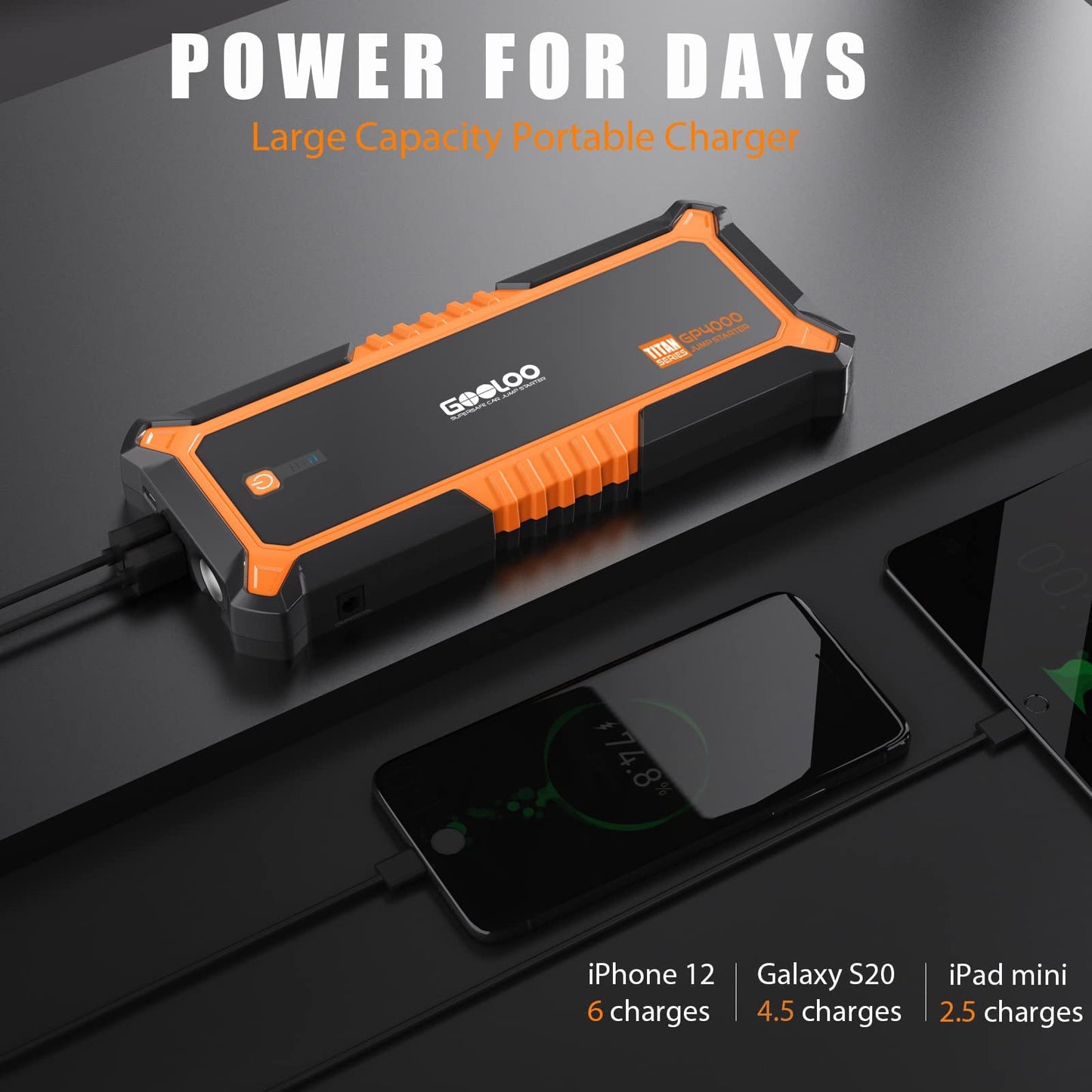 GOOLOO GP4000 Starthilfe Powerbank, 4000A Tragbares Starthilfe(Alle Benzin und Bis Zu 10L-Diesel) 12V SuperSafe Batterie Booster Auto Starthilfe mit USB-Schnellladung und Starthilfekabel für PKW