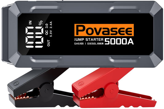 Povasee Starthilfe Powerbank, 5000A Starthilfe (bis zu Alle Benzin/10L Diesel) mit 3 Zoll LCD-Display, Starter Powerbank mit 2 USB-Ausgängen, Starthilfekabel und LED, Jump Starter für 12V Fahrzeuge