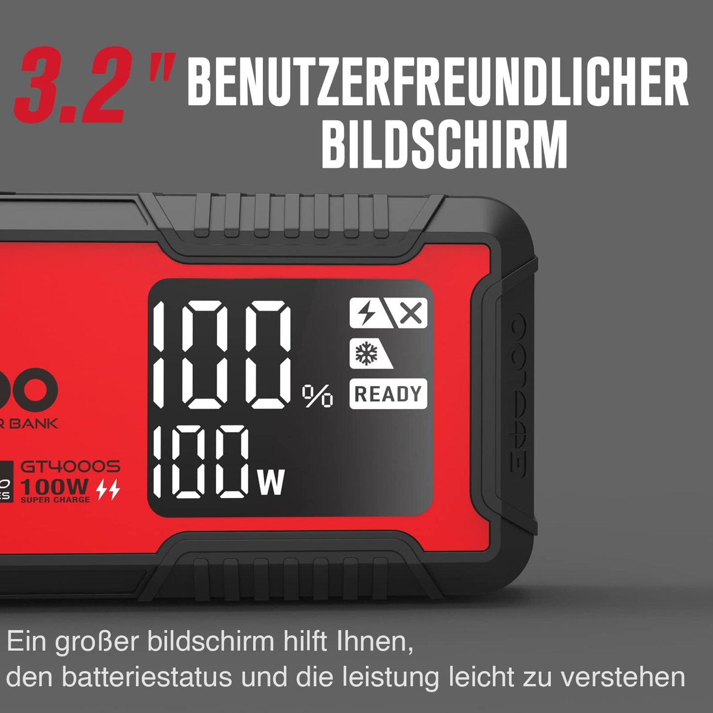 GOOLOO GT4000S Starthilfe Powerbank, 4000A 100W Zweiwege-Schnellladegerät für 12V Fahrzeuge(12.0L Benzin und 10.0L Diesel), SuperSafe tragbares Booster Auto Starthilfe mit 3,2" LCD Bildschirm