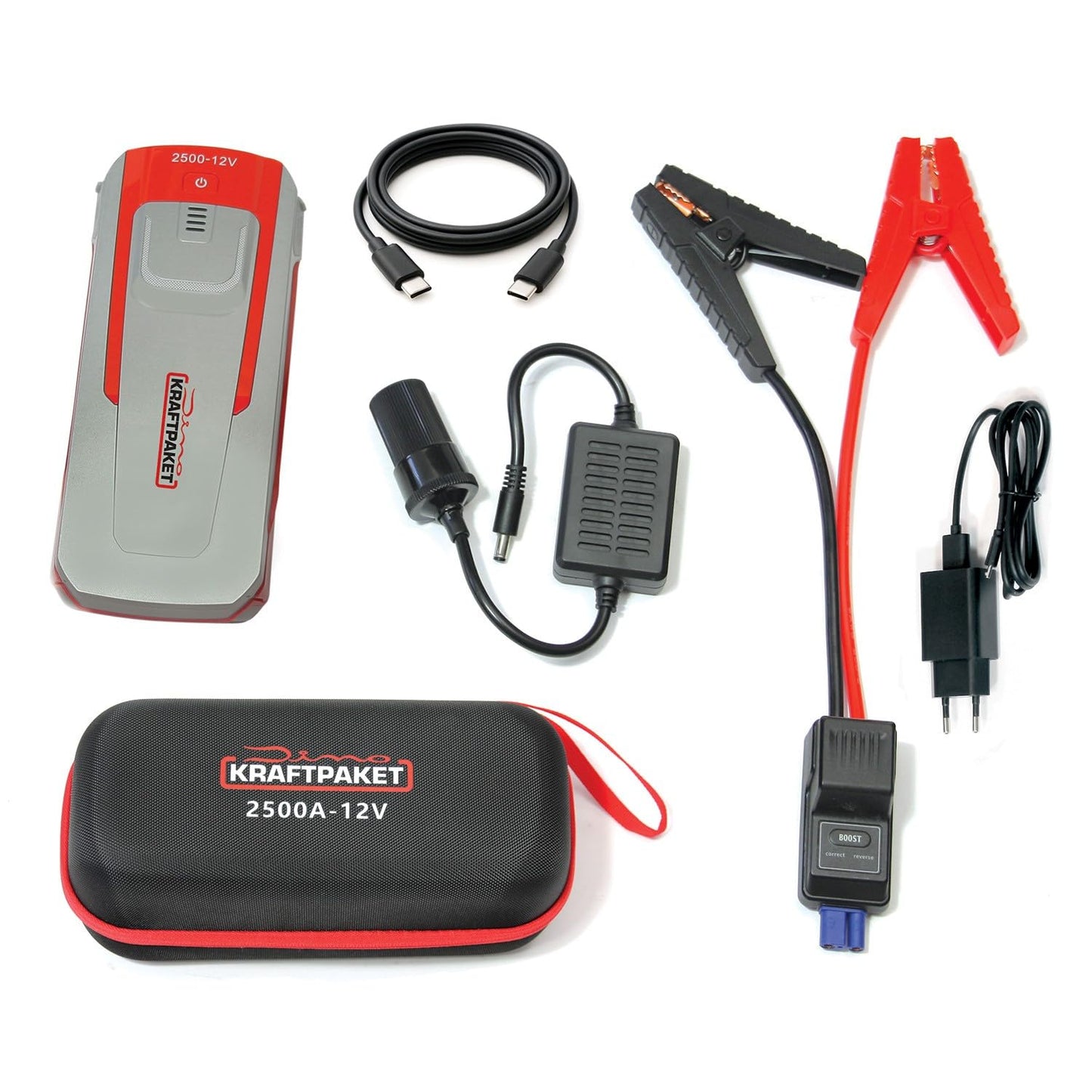 Dino KRAFTPAKET, 12V-2500A Starthilfegerät 59.2Wh, KFZ Starthilfe Powerbank für Diesel & Benziner, Blei-Säure Gel EFB AGM-Batterie, Für Auto Motorrad Boot Transporter Campervan