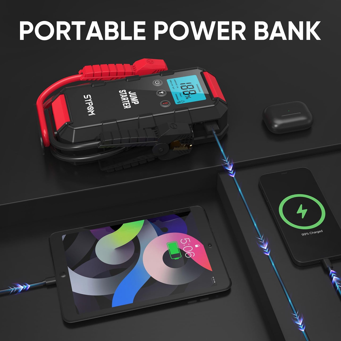 SYPOM Starthilfe für Autobatterie, 6000 A Notfall-Starthilfe (bis zu Allgas und 12,0 l Diesel), 12 V Starterbatterie mit LED-Taschenlampe, Booster Autostarthilfe