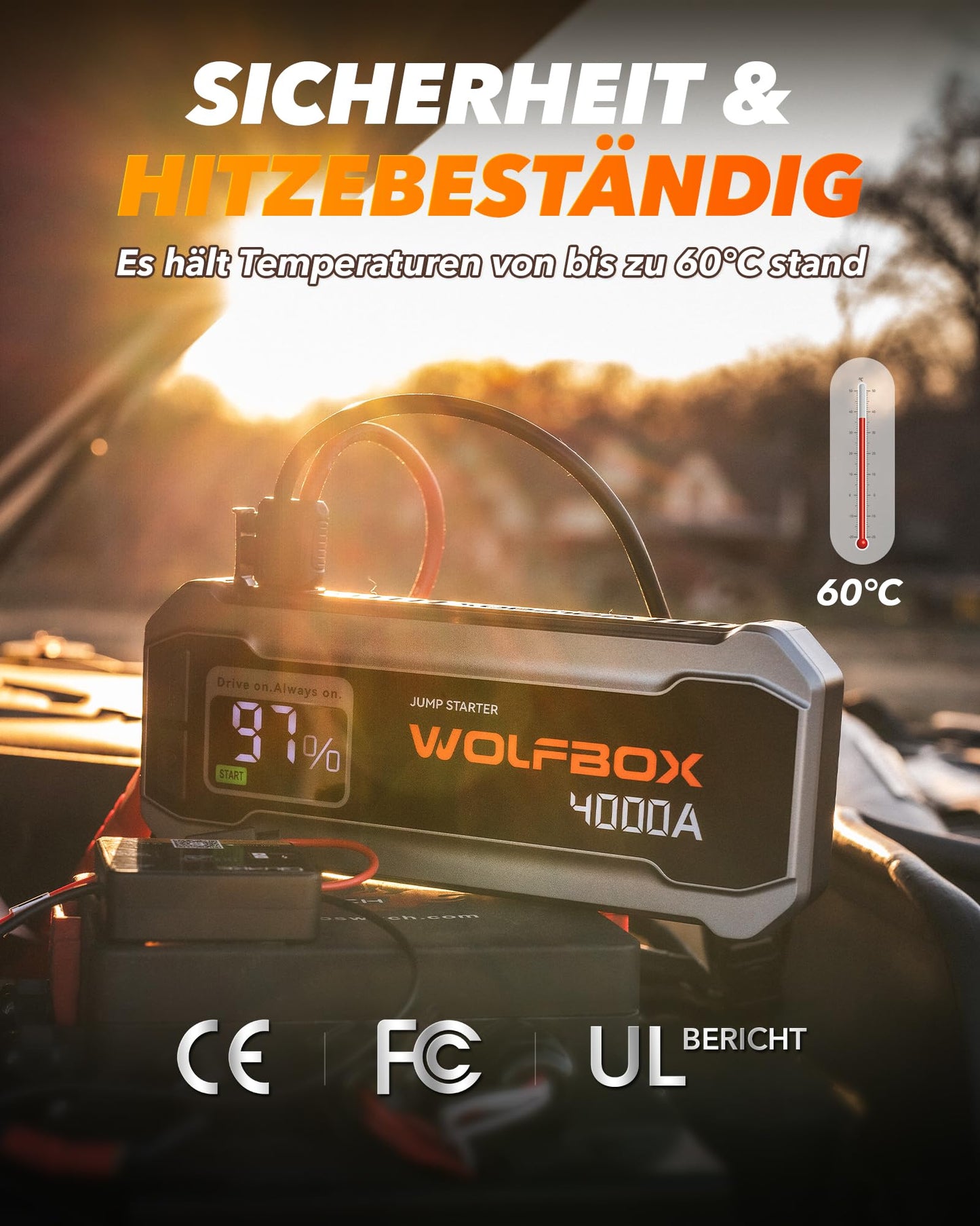 WOLFBOX Starthilfe Powerbank 4000A, 12V Auto Starthilfe (Bis zu 10L Benzin oder 10L Diesel) mit LED-Taschenlampe, großen Bildschirm,Starthilfekabel, Autobatterie Booster für SUV, LKW, Motorräder