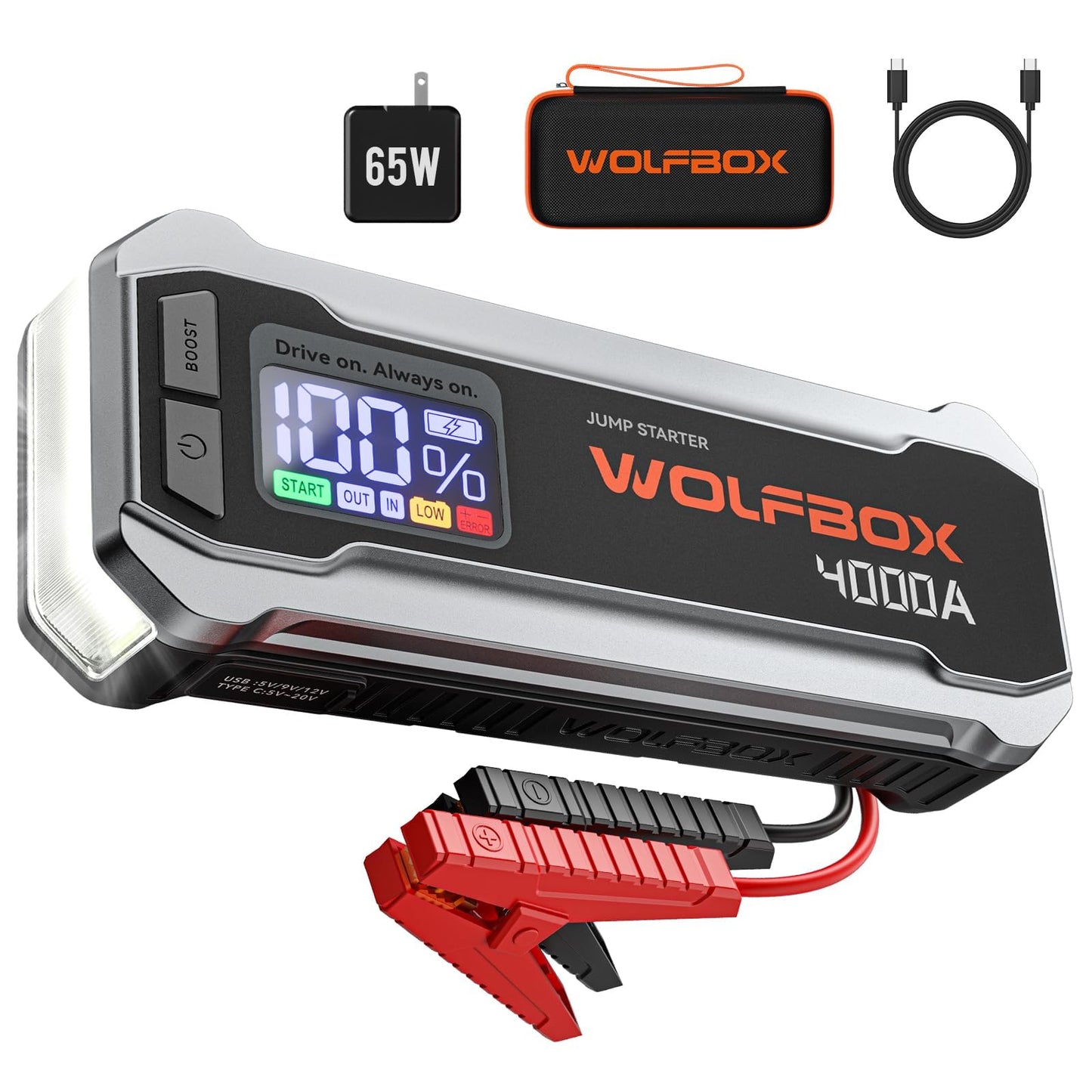 WOLFBOX Starthilfe Powerbank 4000A, 12V Auto Starthilfe (Bis zu 10L Benzin oder 10L Diesel) mit LED-Taschenlampe, großen Bildschirm,Starthilfekabel, Autobatterie Booster für SUV, LKW, Motorräder