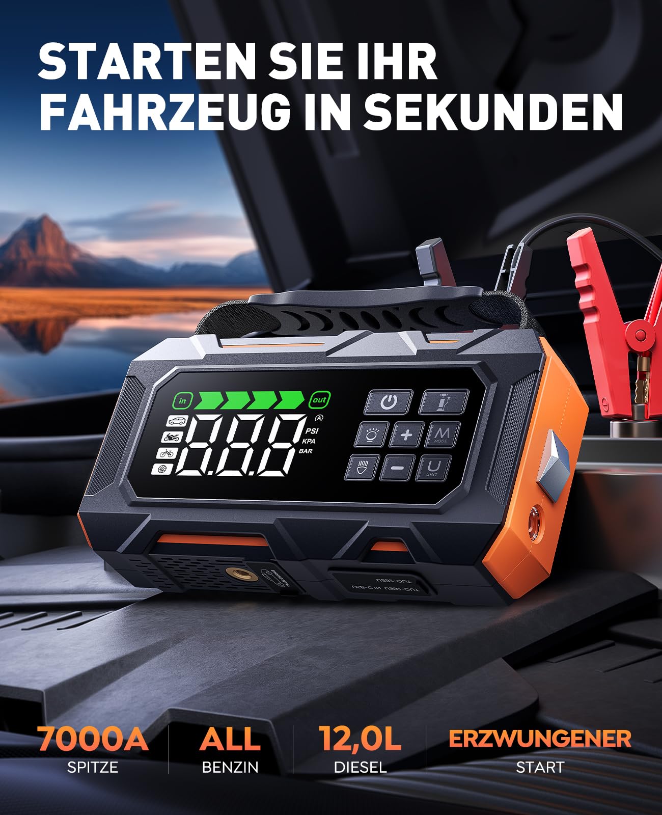 14-In-1 7000A Starthilfe Powerbank für Pkw mit Kompressor 160PSI, 26800mAh Auto Starthilfe mit Notfall Kit, Starter Powerbank für All Benzin/12L Diesel, 5 LED-Licht, Reifenreparaturset, Notfallhammer