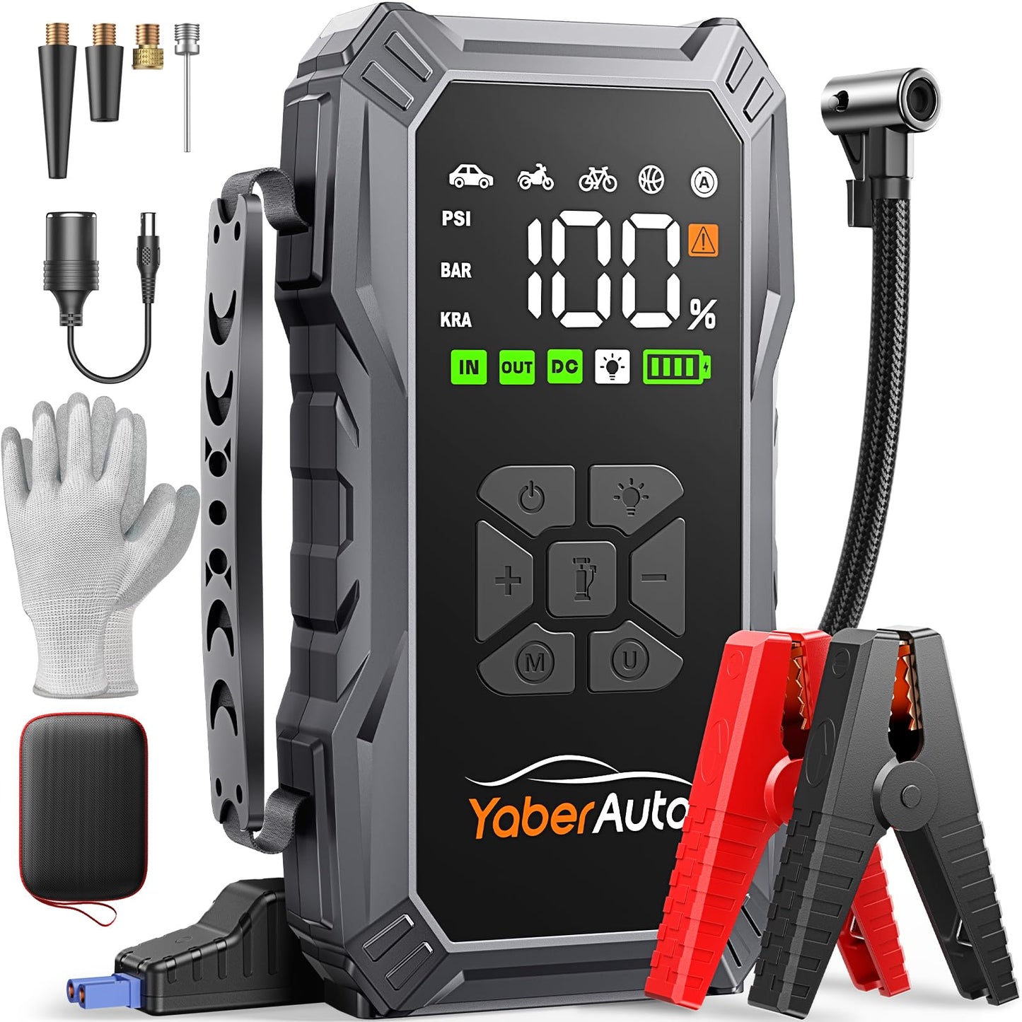 YaberAuto Starthilfe Powerbank mit Kompressor, 150PSI 6000A Auto Starthilfe, Starthilfe Powerbank, Jump Starter (All Benzin und 10.0L Dieselmotor) mit LCD Bildschirm und 500 Lumen Notlicht