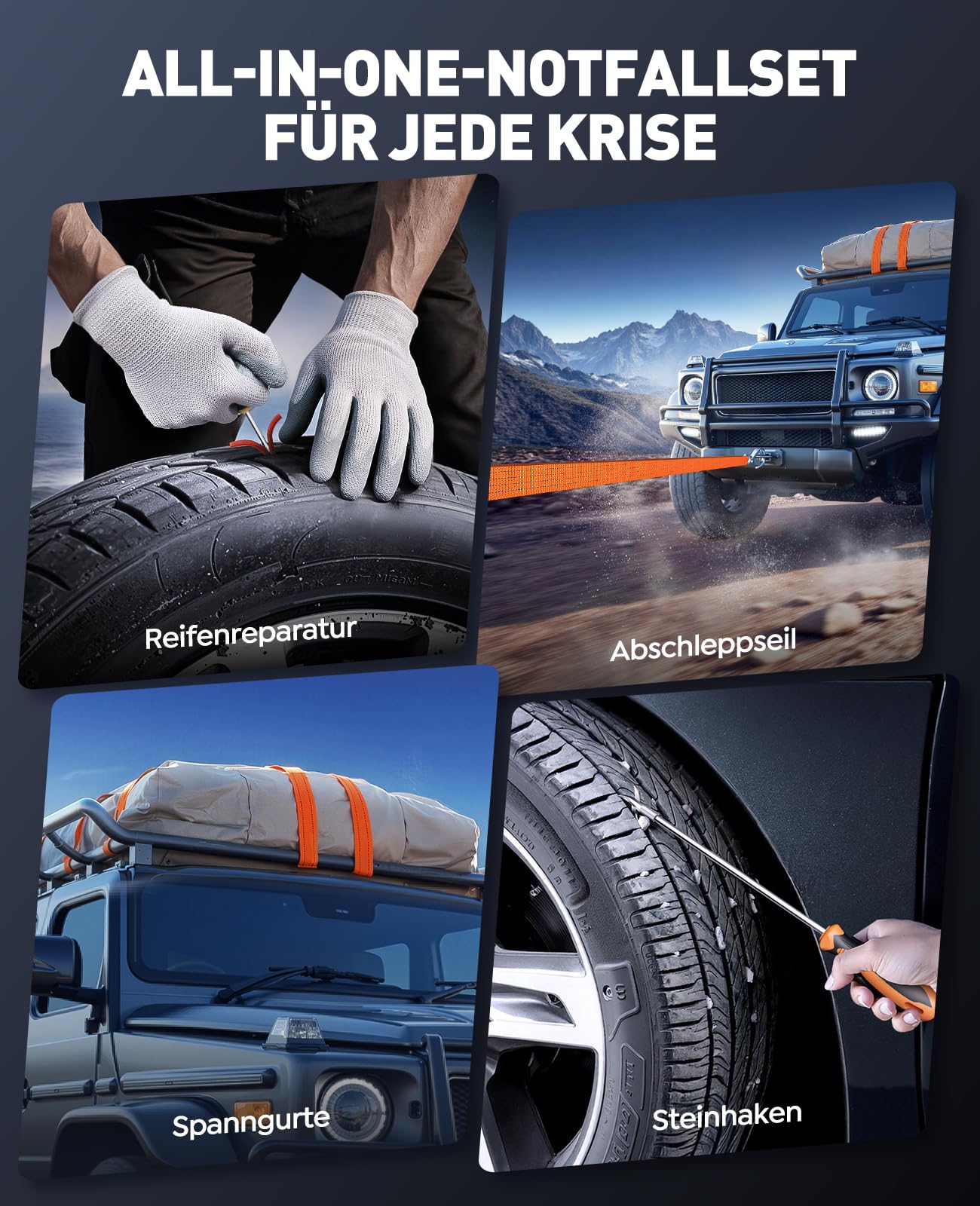 14-In-1 7000A Starthilfe Powerbank für Pkw mit Kompressor 160PSI, 26800mAh Auto Starthilfe mit Notfall Kit, Starter Powerbank für All Benzin/12L Diesel, 5 LED-Licht, Reifenreparaturset, Notfallhammer