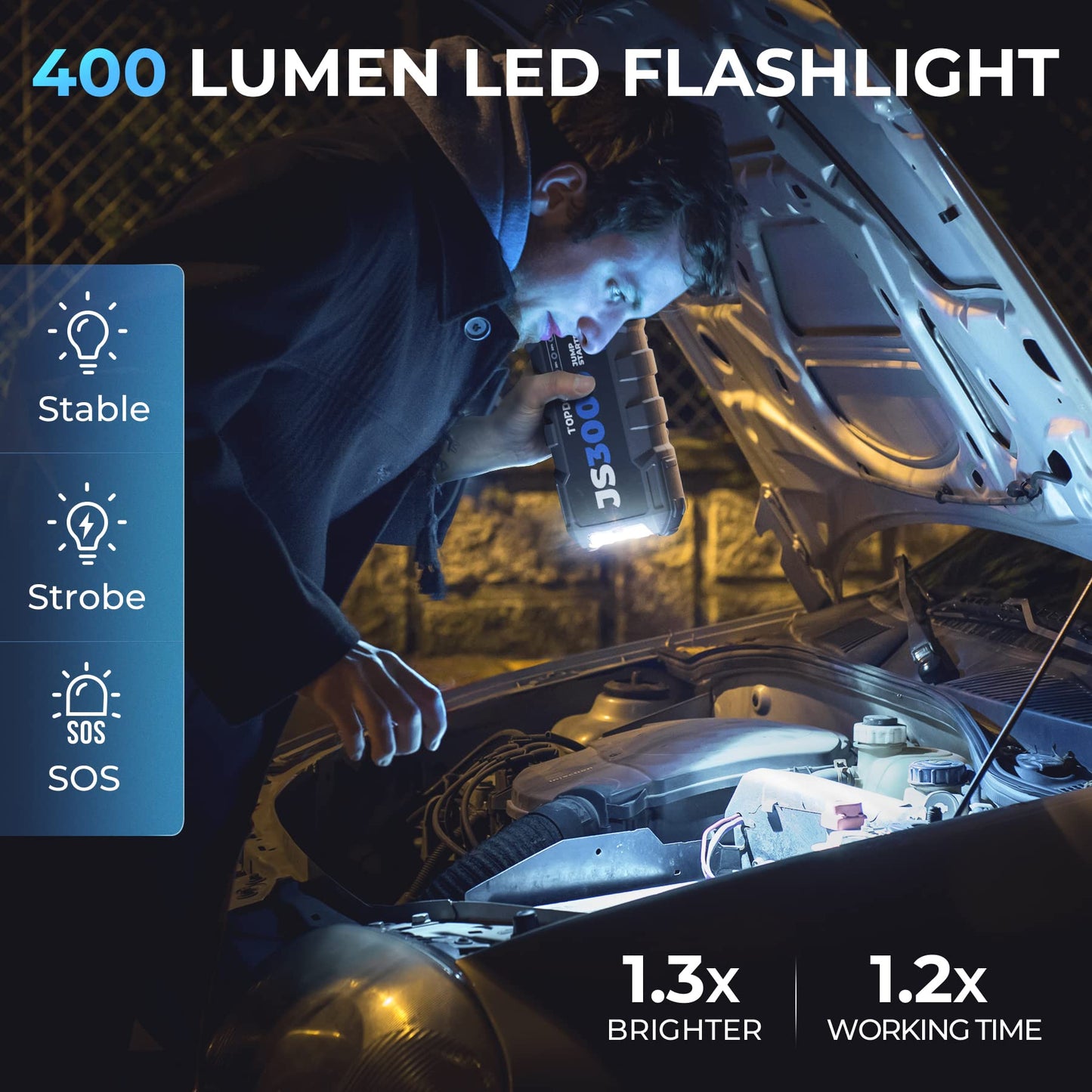 TOPDON JS3000 Starthilfe Powerbank, Jump Starter Auto Batterie Booster für bis zu 9L Benzin&7L Dieselmotoren, Auto Starter Powerpack PKW/Kfz mit Starthilfekabel/Eva Tasche/Eingebaute LED, 24000mAh