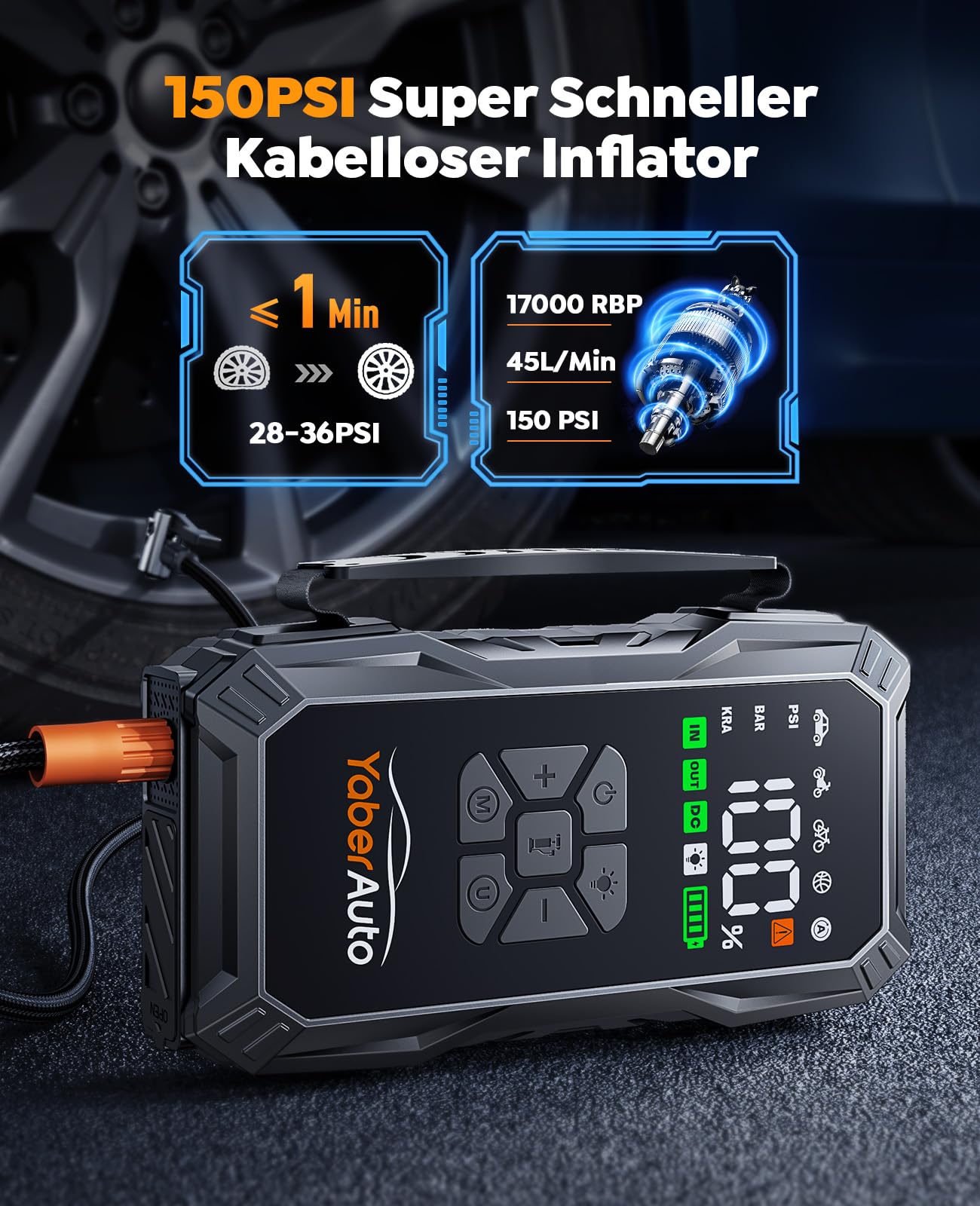 YaberAuto Starthilfe Powerbank mit Kompressor, 150PSI 6000A Auto Starthilfe, Starthilfe Powerbank, Jump Starter (All Benzin und 10.0L Dieselmotor) mit LCD Bildschirm und 500 Lumen Notlicht