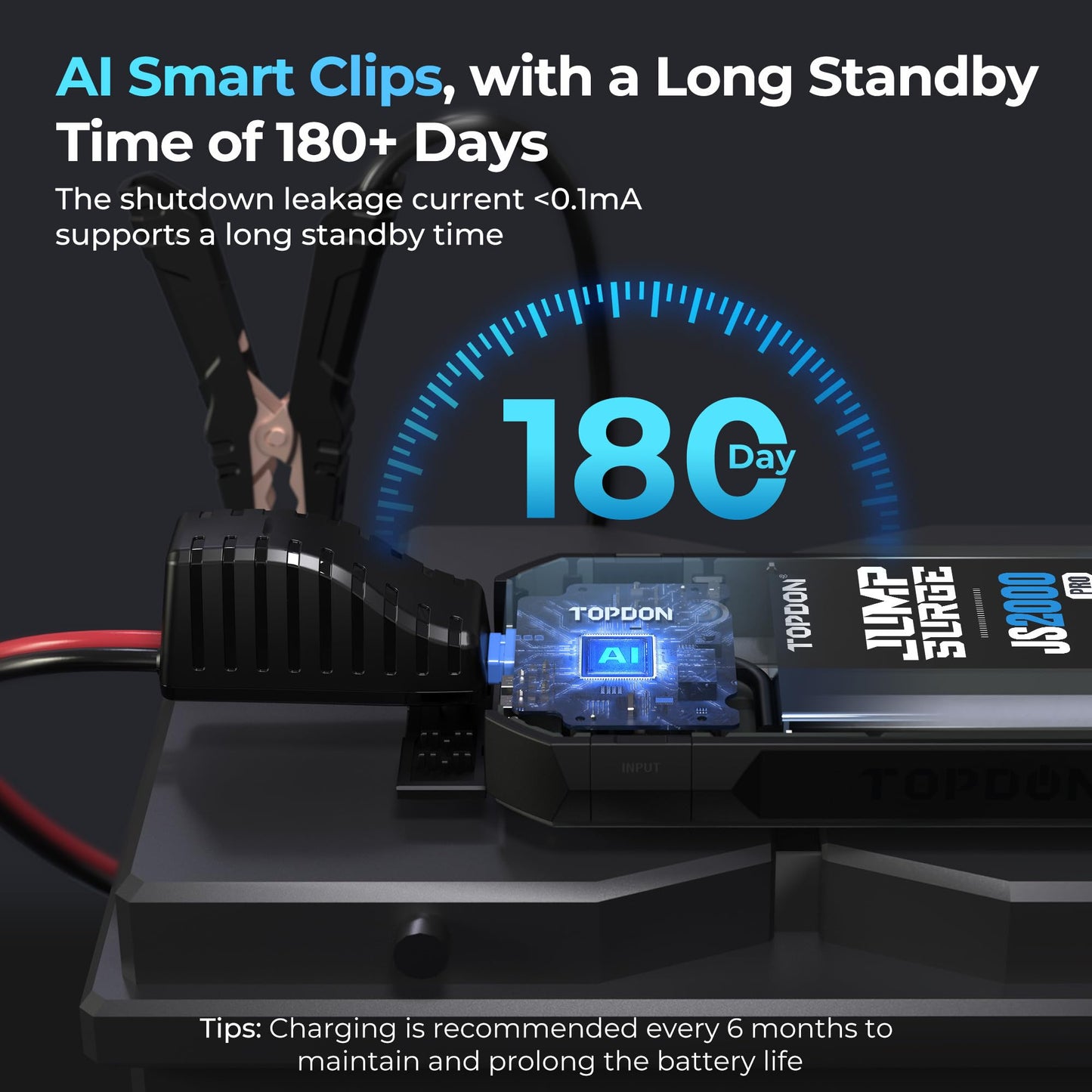 TOPDON JS2000 Auto Starthilfe Powerbank, 2000A 16000mAh Jump Starter für bis zu 8,0-Liter-Benzin- oder 6-Liter-Dieselmotoren, 12V-Starthilfe mit LED-Taschenlampe/USB-Anschluss