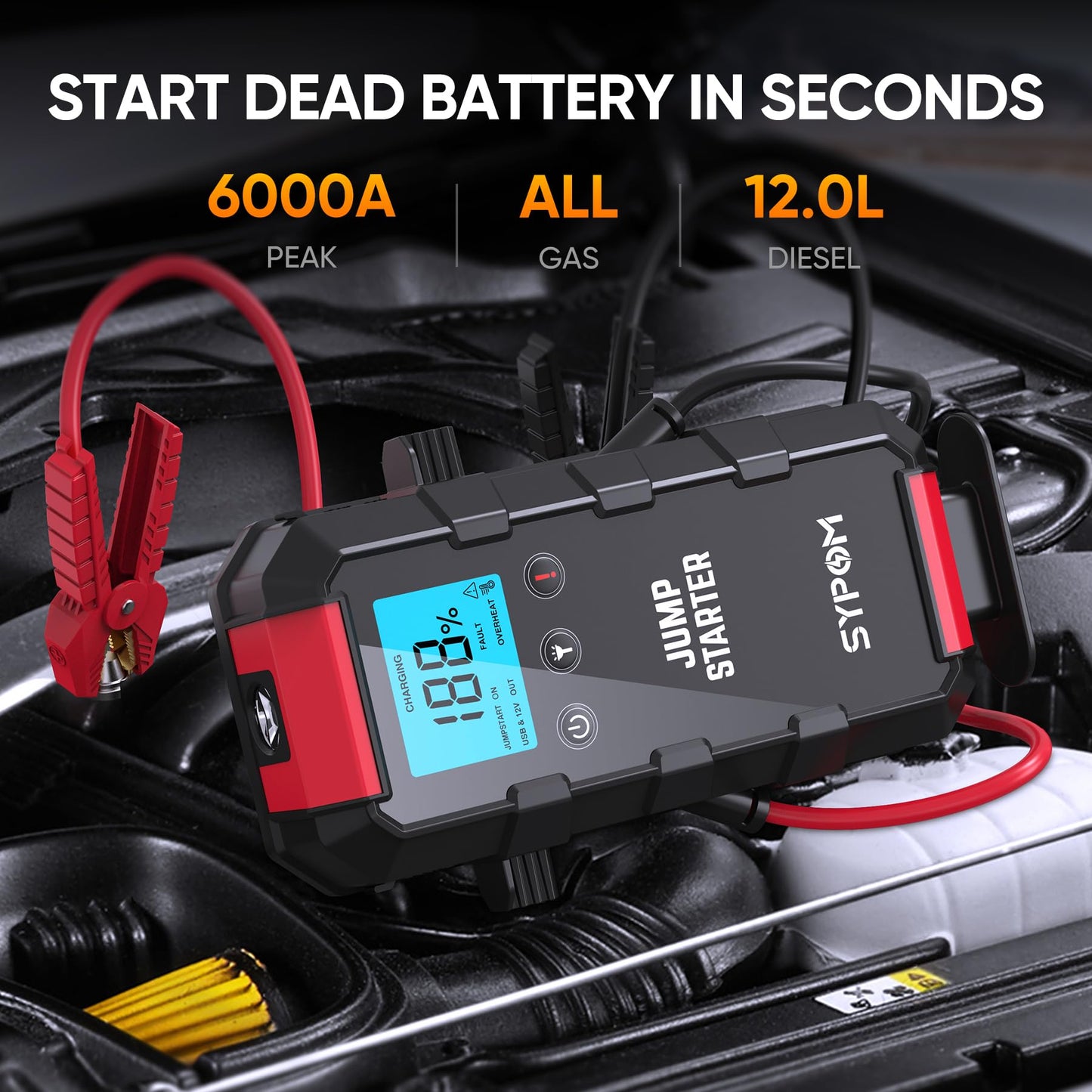 SYPOM Starthilfe für Autobatterie, 6000 A Notfall-Starthilfe (bis zu Allgas und 12,0 l Diesel), 12 V Starterbatterie mit LED-Taschenlampe, Booster Autostarthilfe