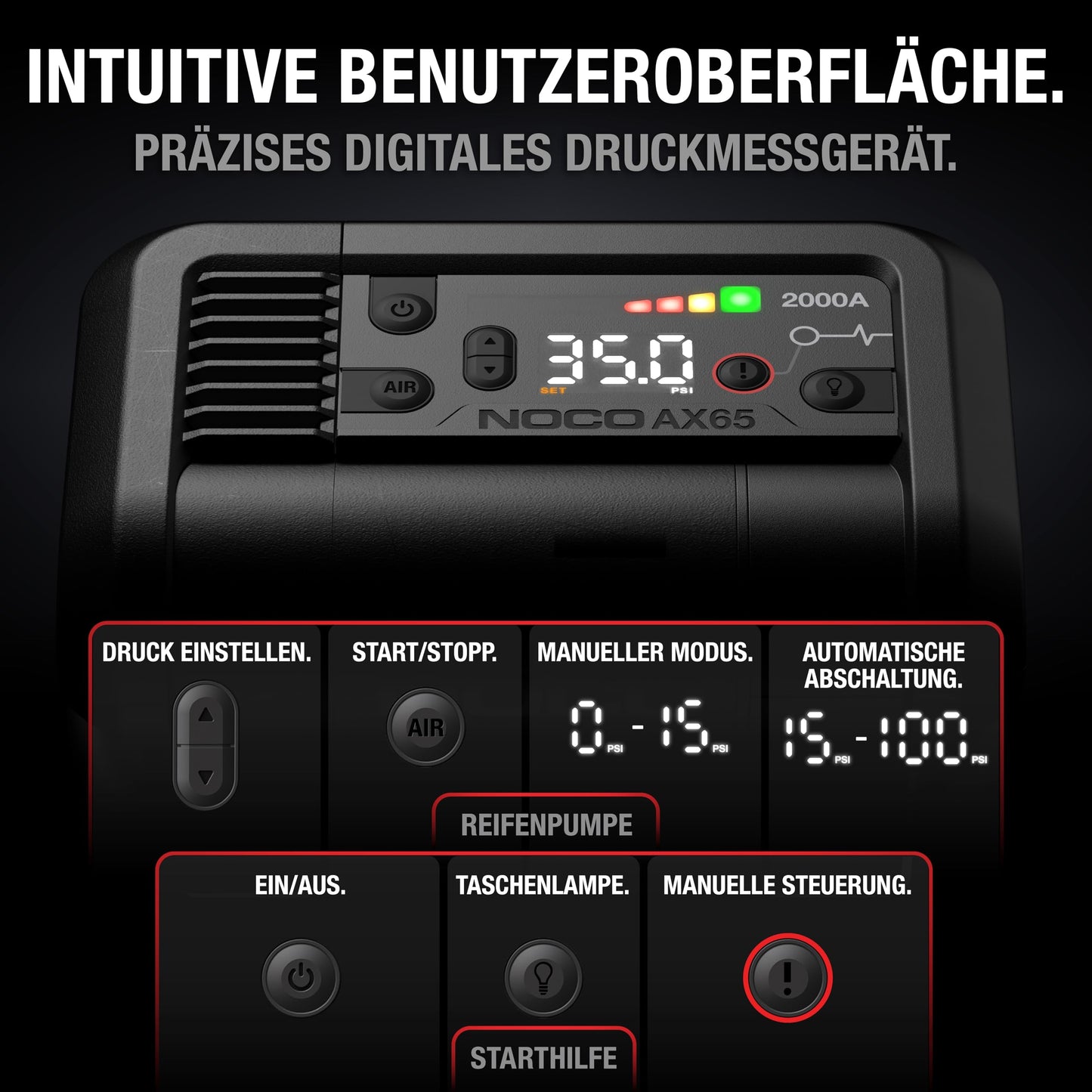 NOCO Boost+Air AX65: 2000A Starthilfe-Powerbank mit 100 PSI Kompressor – Startet 8,0L Benzin & 6,0L Diesel – 67 SLPM Luftstrom – Pumpt 0–40 PSI in 2 Minuten