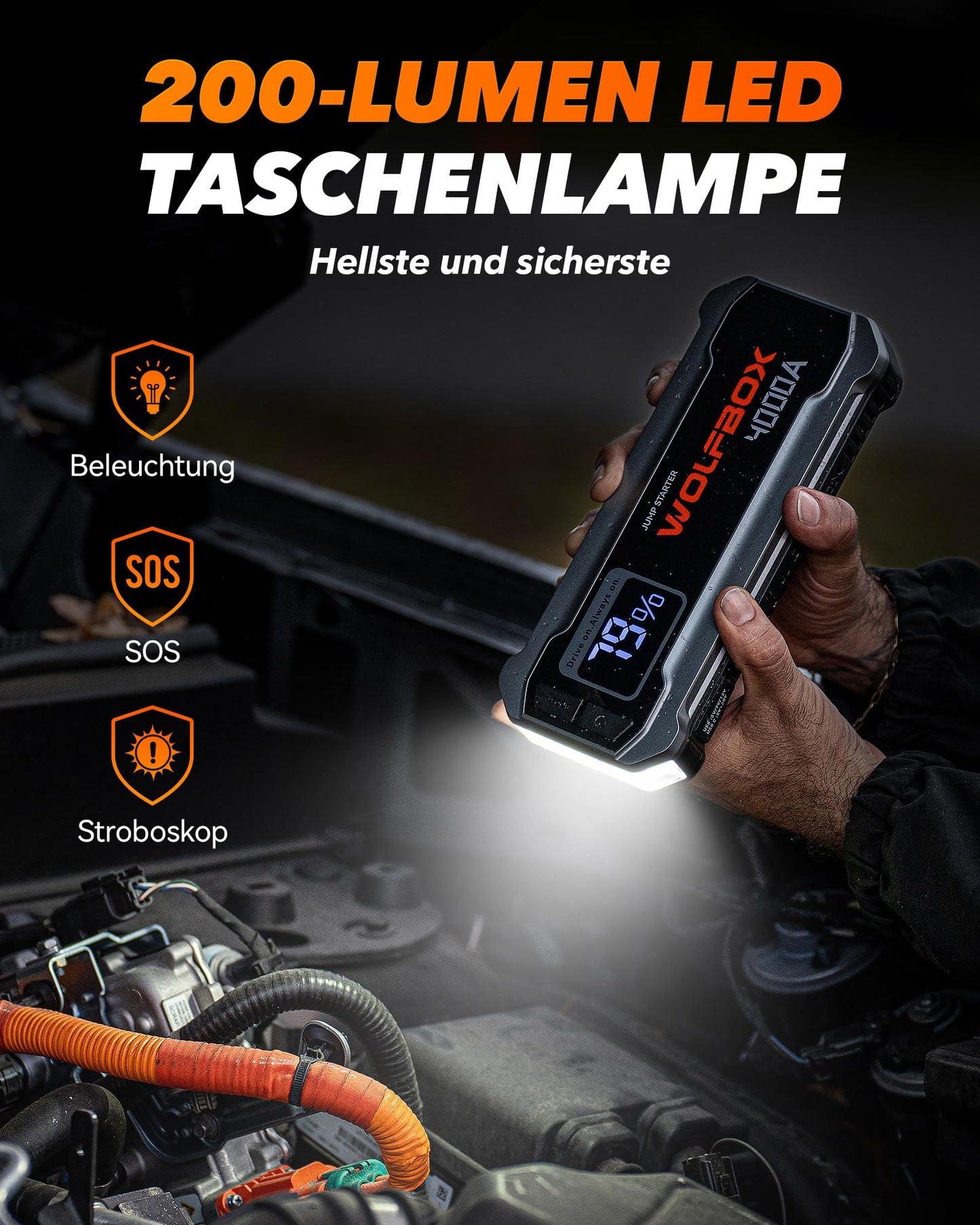 WOLFBOX Starthilfe Powerbank 4000A, 12V Auto Starthilfe (Bis zu 10L Benzin oder 10L Diesel) mit LED-Taschenlampe, großen Bildschirm,Starthilfekabel, Autobatterie Booster für SUV, LKW, Motorräder